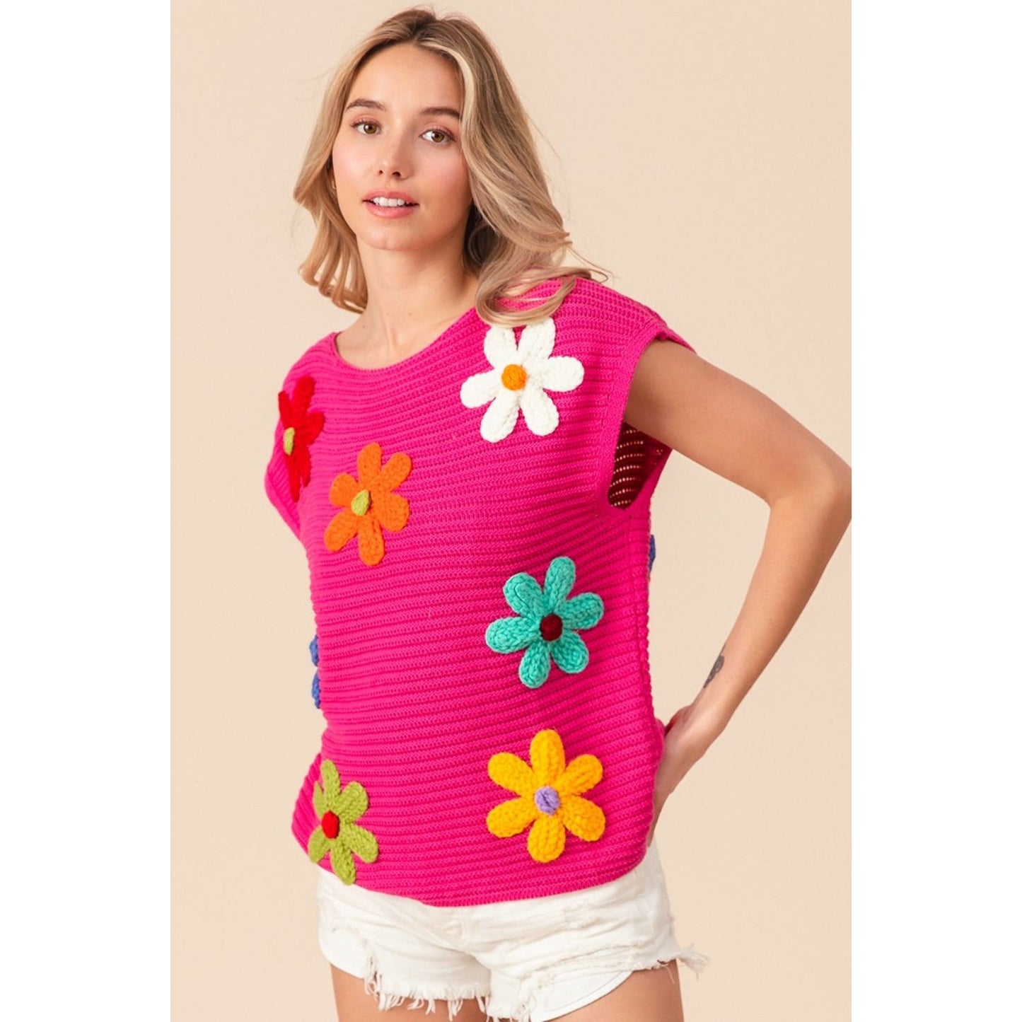 BiBi Flower Round Neck Cap Sleeve Knit Top