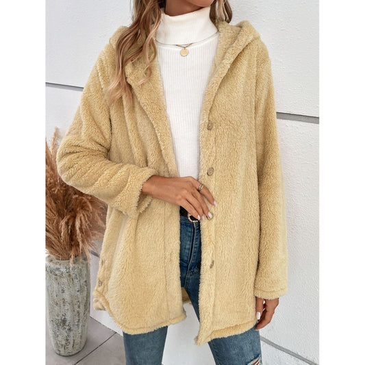 Fuzzy Button Up Hooded Jacket