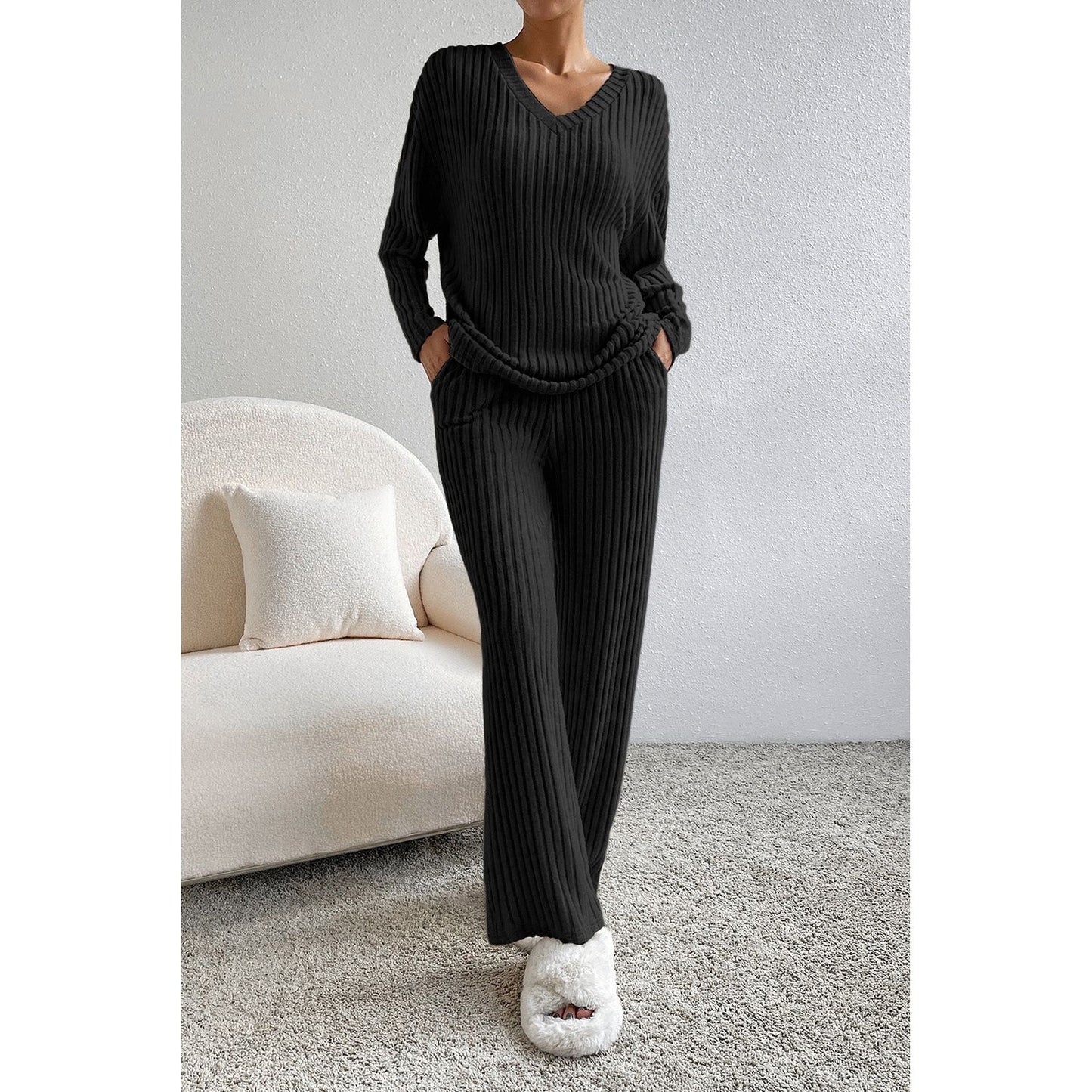 Ribbed V-Neck Top and Pants Lounge Set