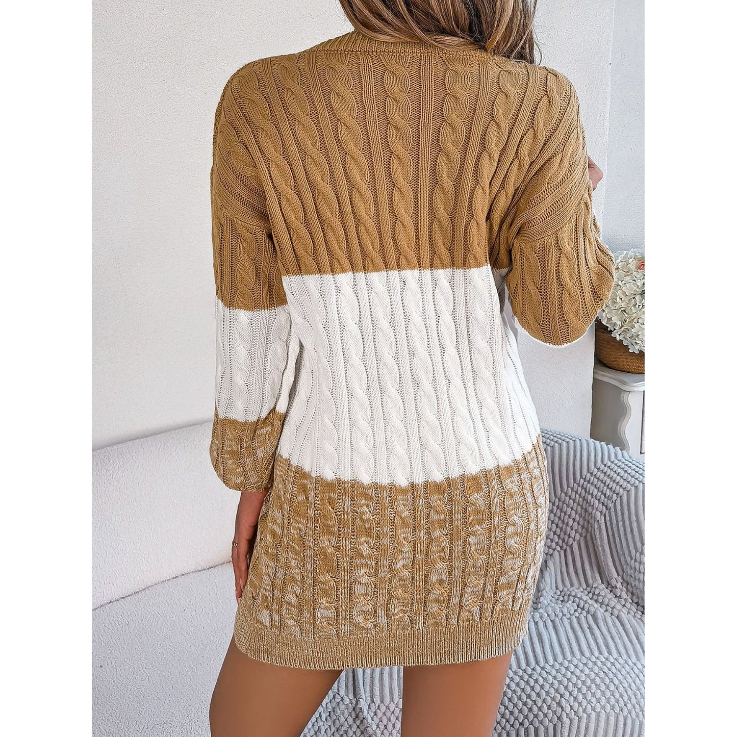 Cable-Knit Round Neck Color Block Sweater Dress