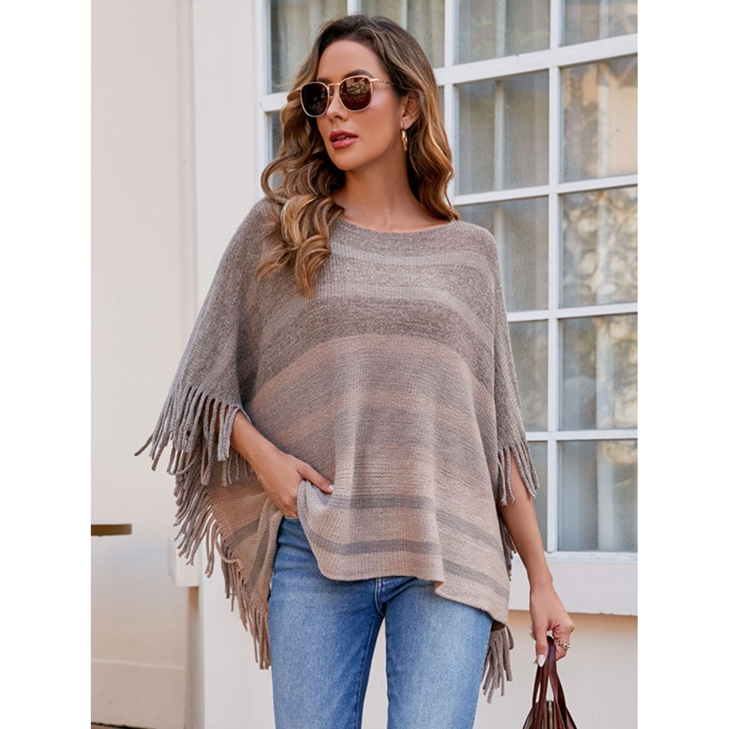 Striped Boat Neck Poncho with Fringes