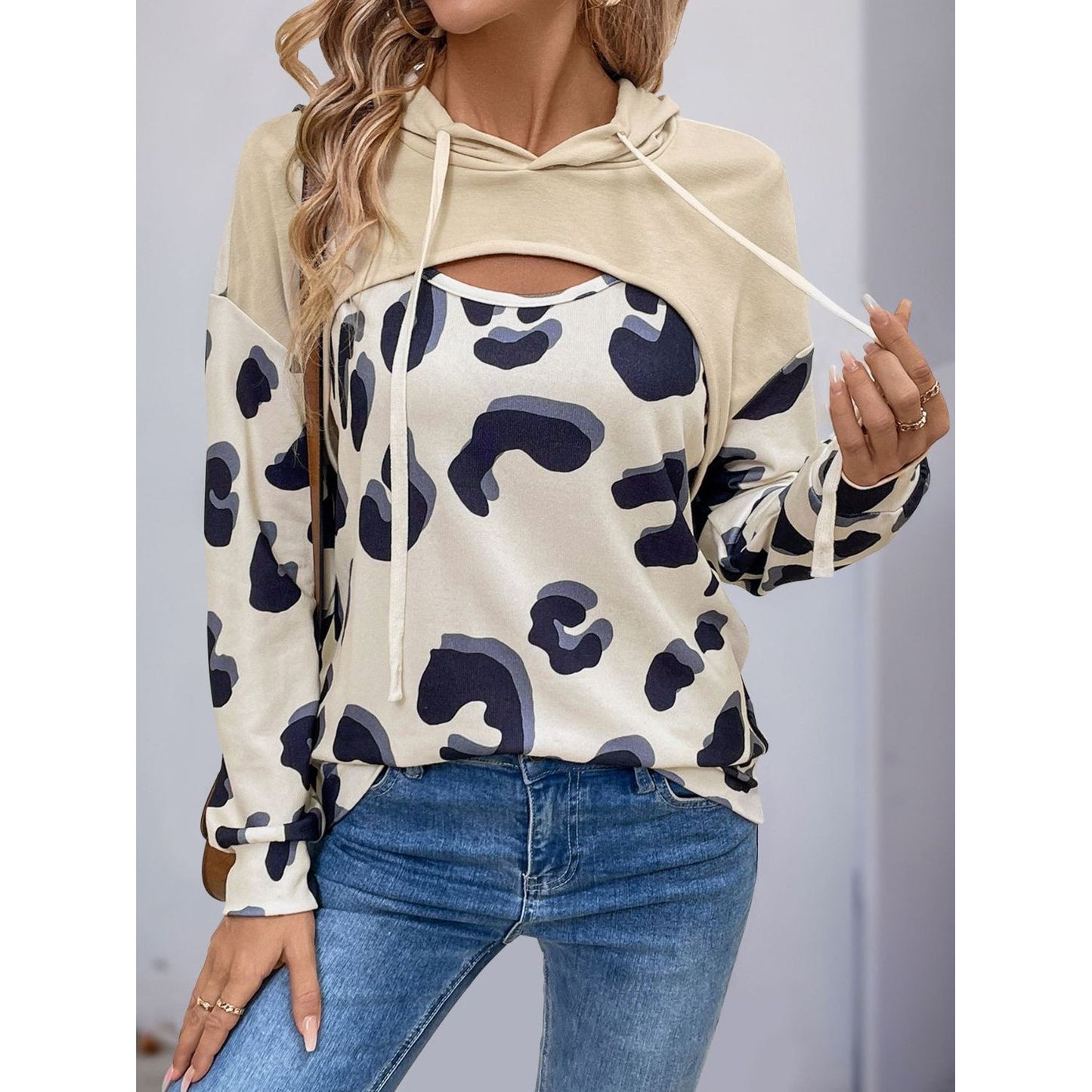 Perfee Drawstring Faux Layered Long Sleeve Hoodie