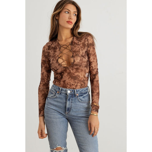 HERA COLLECTION Abstract Mesh Lace-Up Long Sleeve Bodysuit