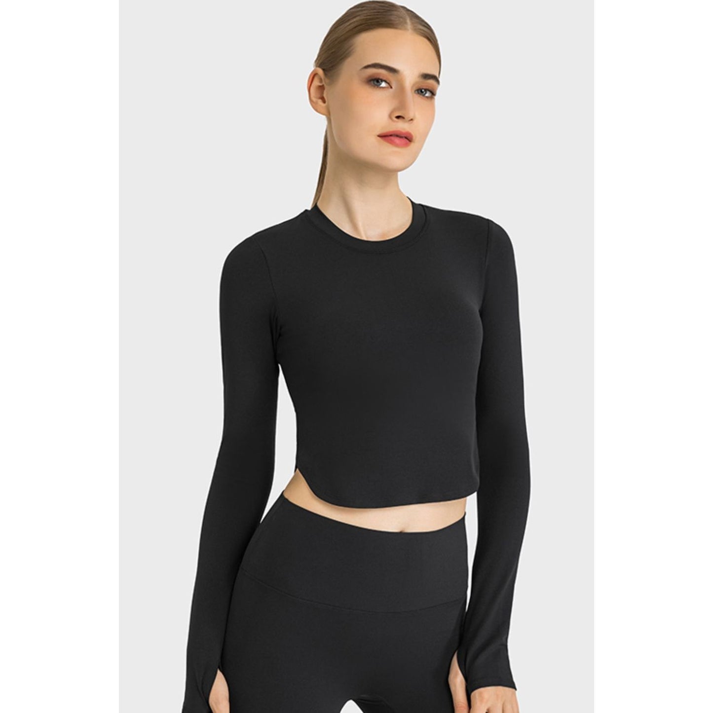 Side Slit Long Sleeve Round Neck Crop Top