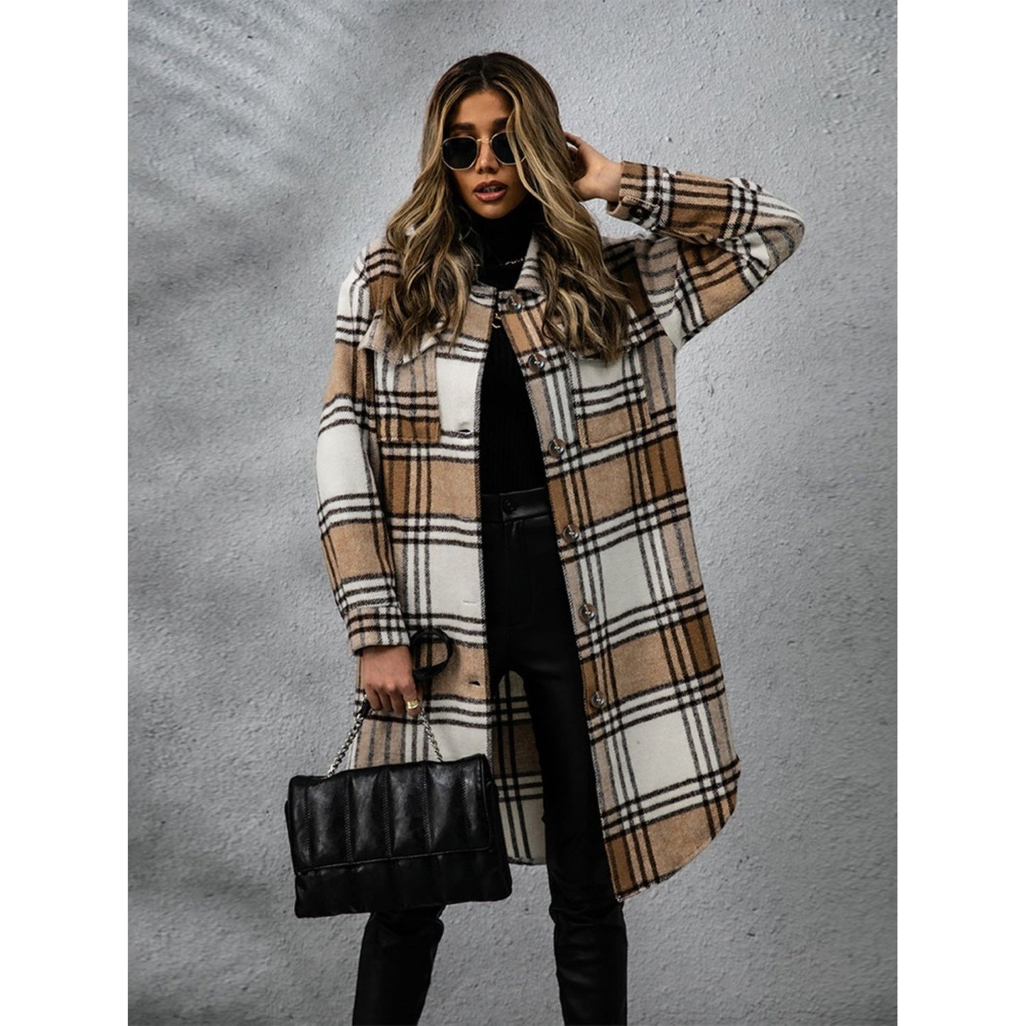 Plaid Collared Neck Long Sleeve Coat