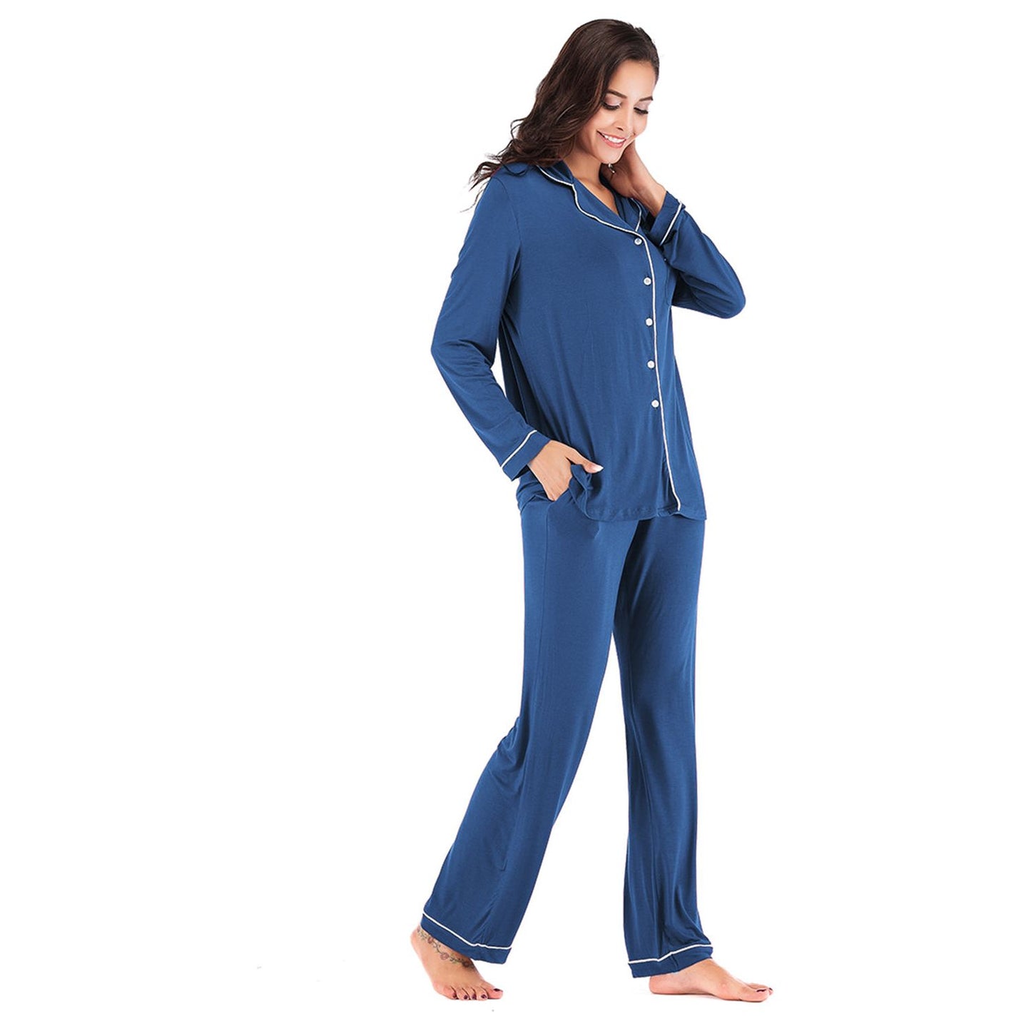 Collared Neck Long Sleeve Loungewear Set with Pockets