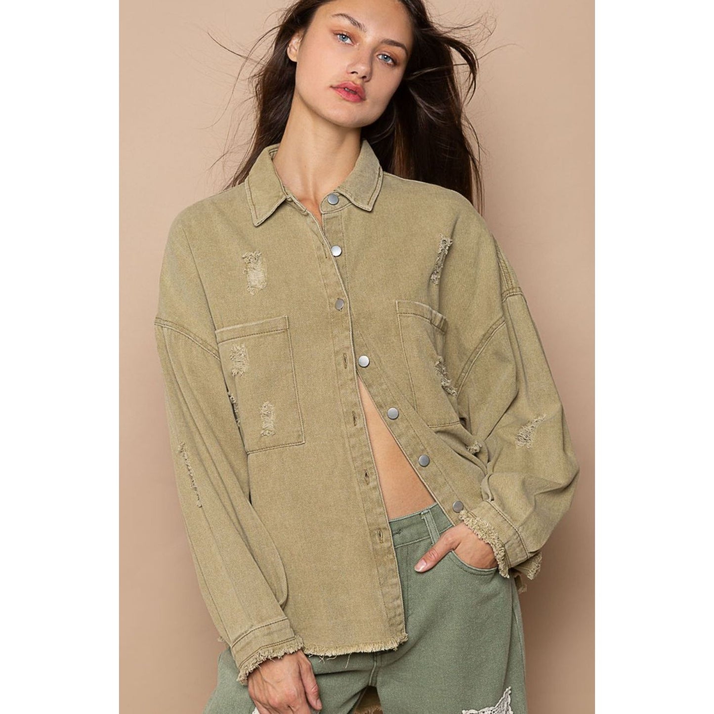 POL Button Down Raw Hem Distressed Shacket