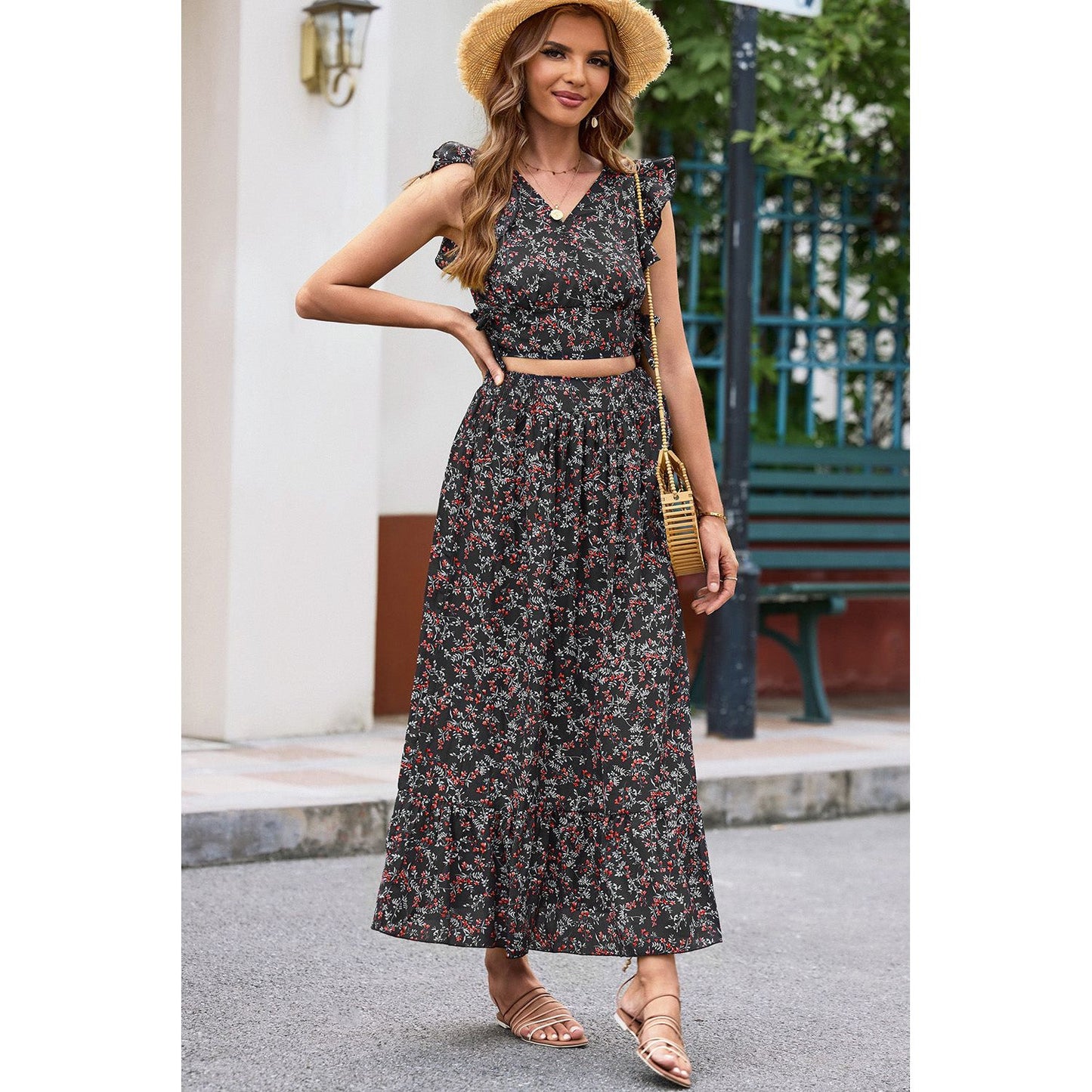 Printed Tie Back Cropped Top and Maxi Skirt Set