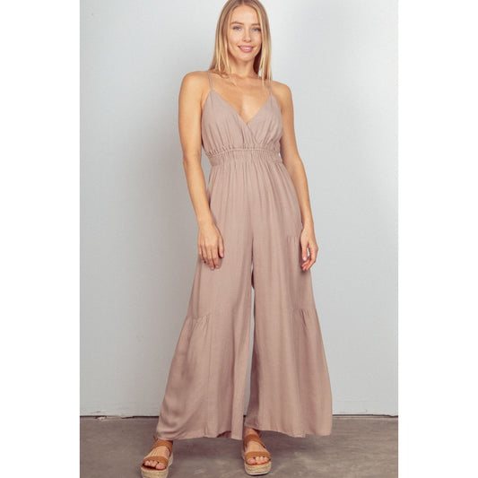 VERY J Sleeveless Ruched Wide Leg Jumpsuit