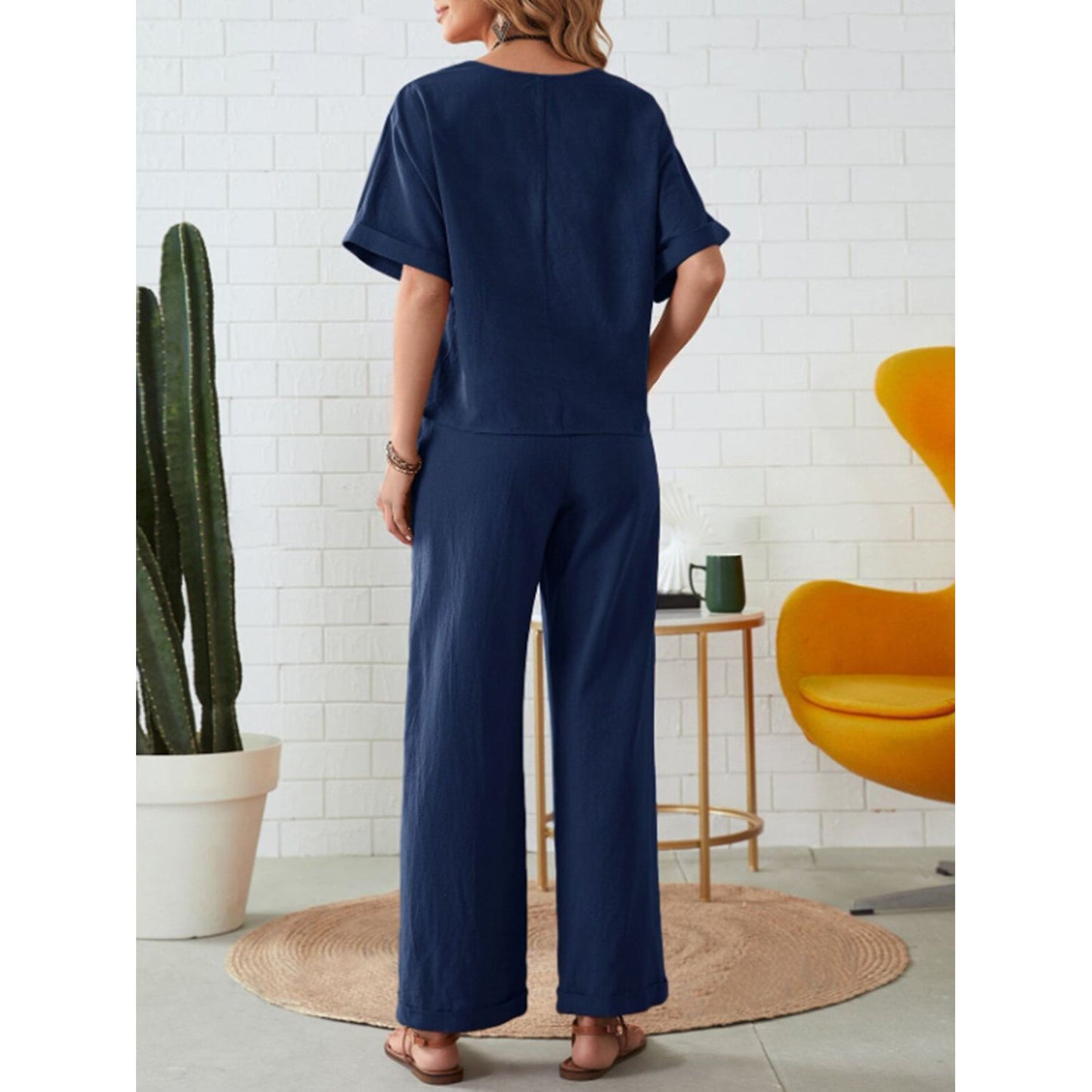 Round Neck Half Sleeve Top and Pocketed Pants Set