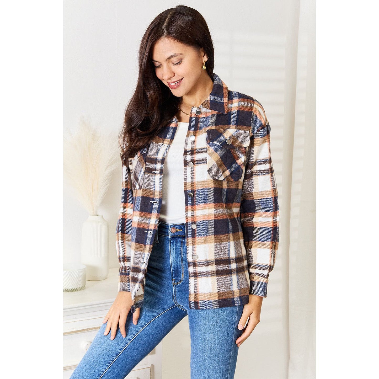 Double Take Plaid Button Front Shirt Jacket with Breast Pockets