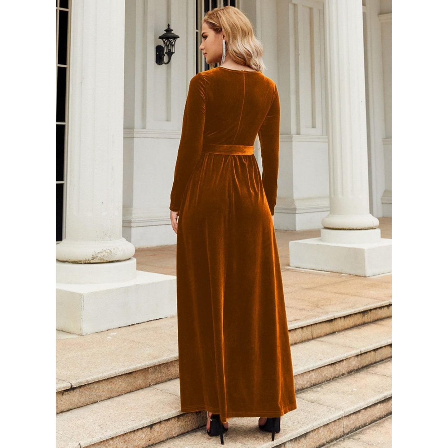 Tie Front Round Neck Long Sleeve Maxi Dress