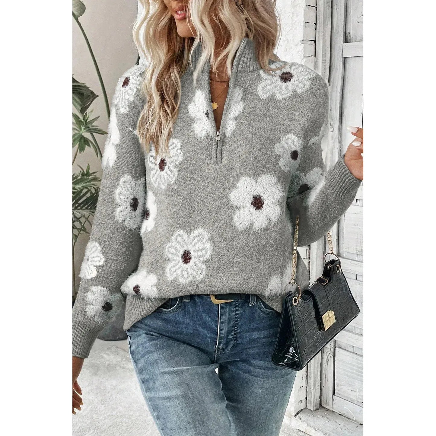 Flower Half Zip Long Sleeve Sweater