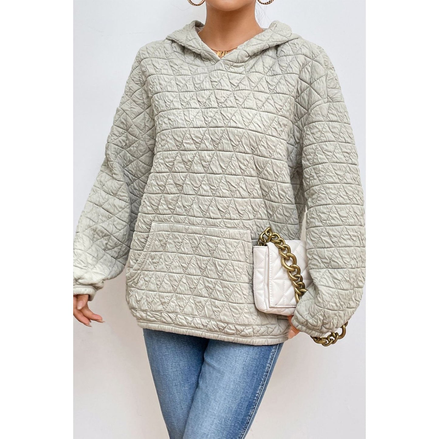 Quilted Long Sleeve Hoodie with Pocket