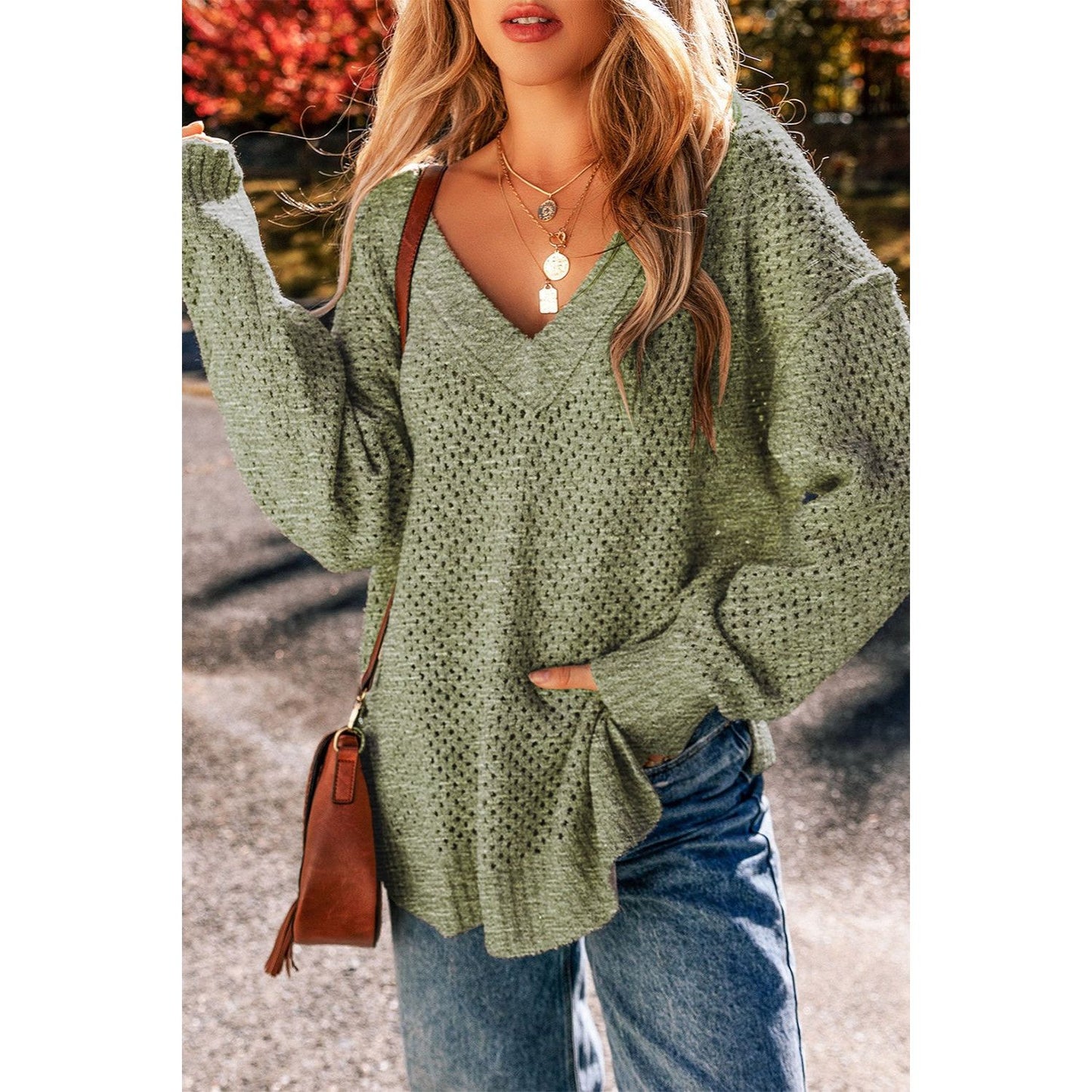 Openwork V-Neck Dropped Shoulder Sweater