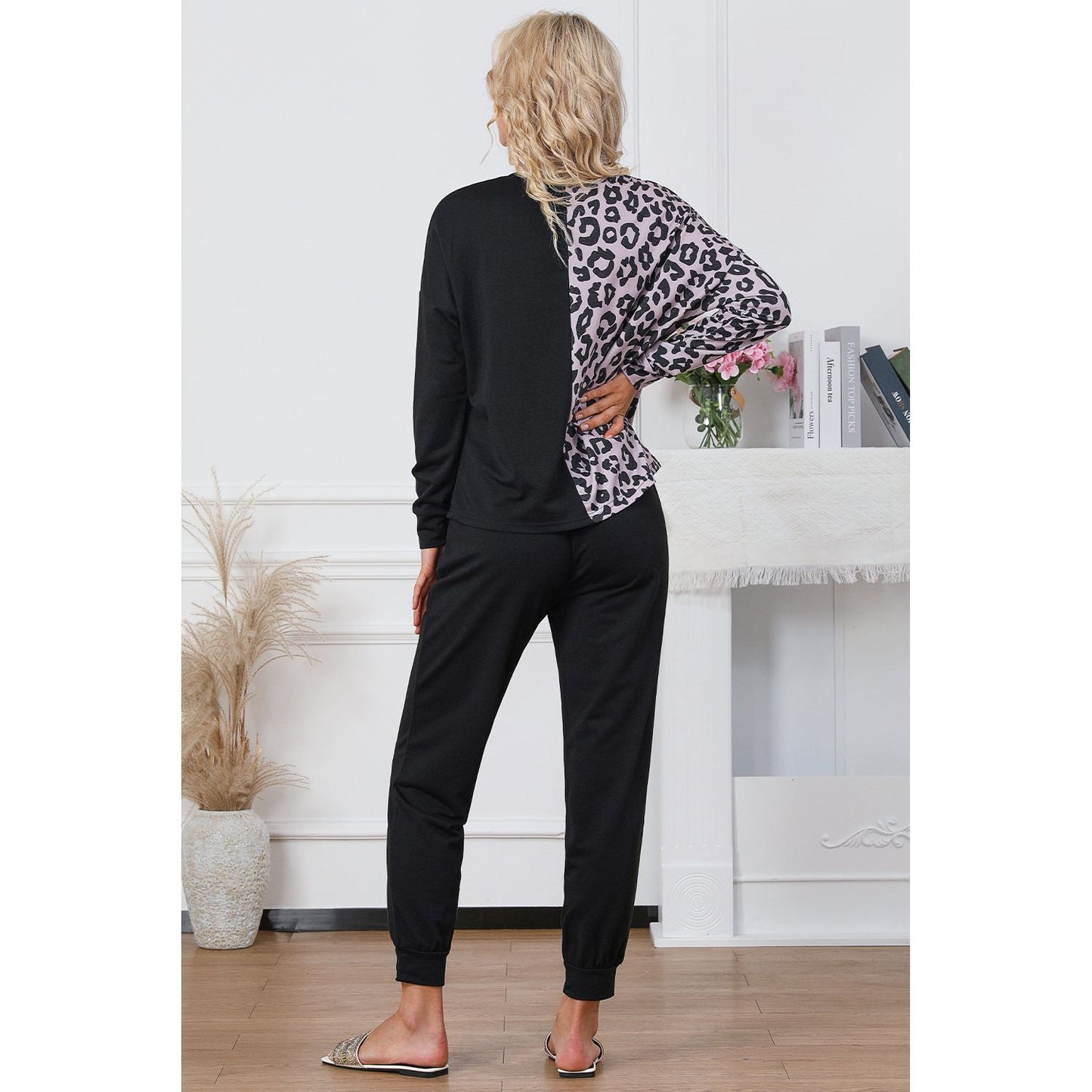 Leopard Round Neck Top and Drawstring Pants Lounge Set