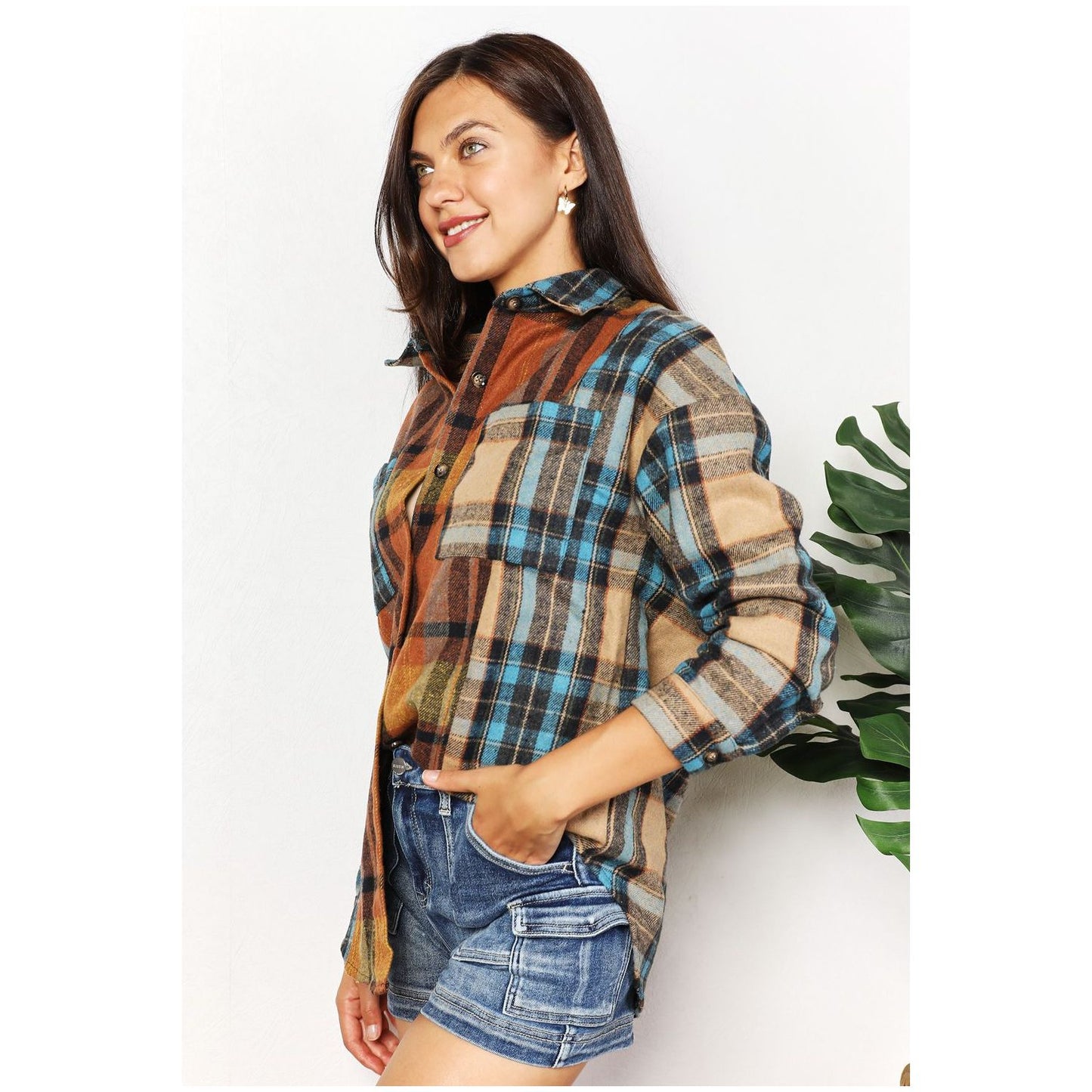 Double Take Plaid Curved Hem Shirt Jacket with Breast Pockets