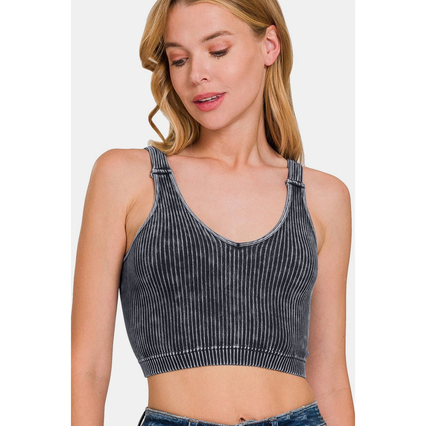 Zenana Washed Ribbed Cropped V-Neck Tank