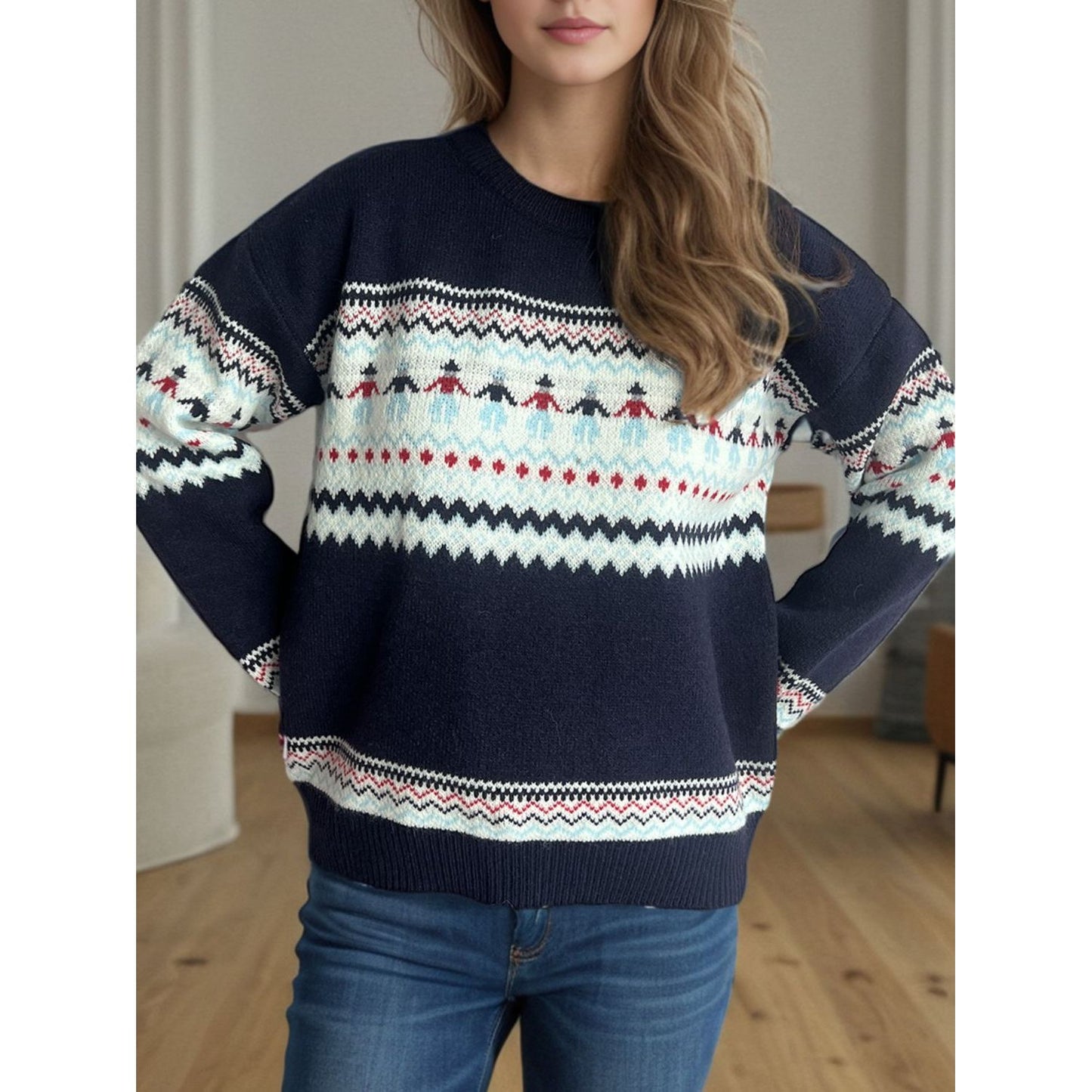 Contrast Round Neck Dropped Shoulder Sweater