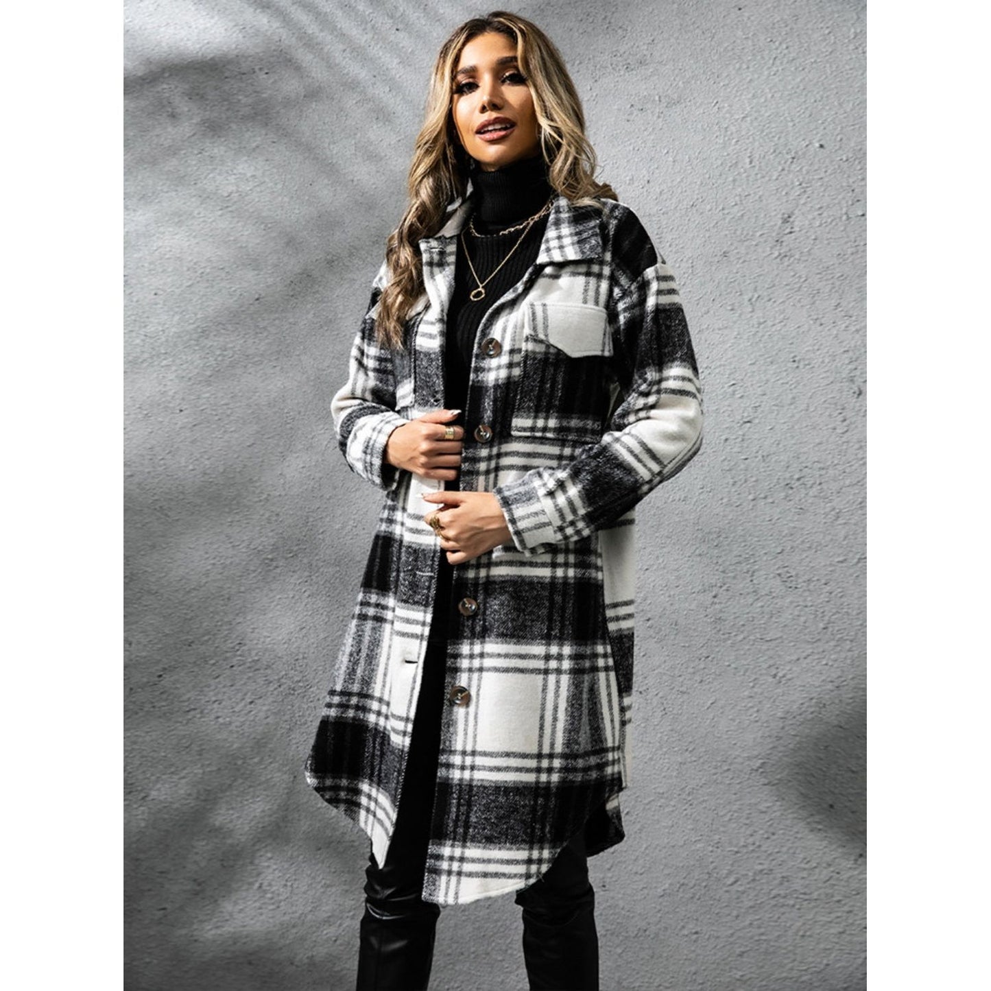 Plaid Collared Neck Long Sleeve Coat