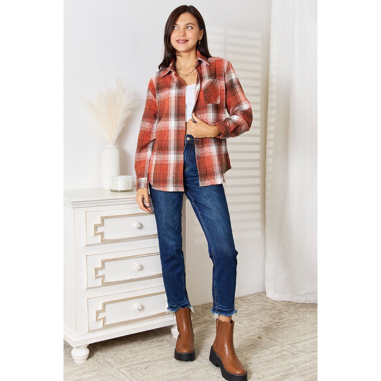 Plaid Collared Neck Long Sleeve Shirt