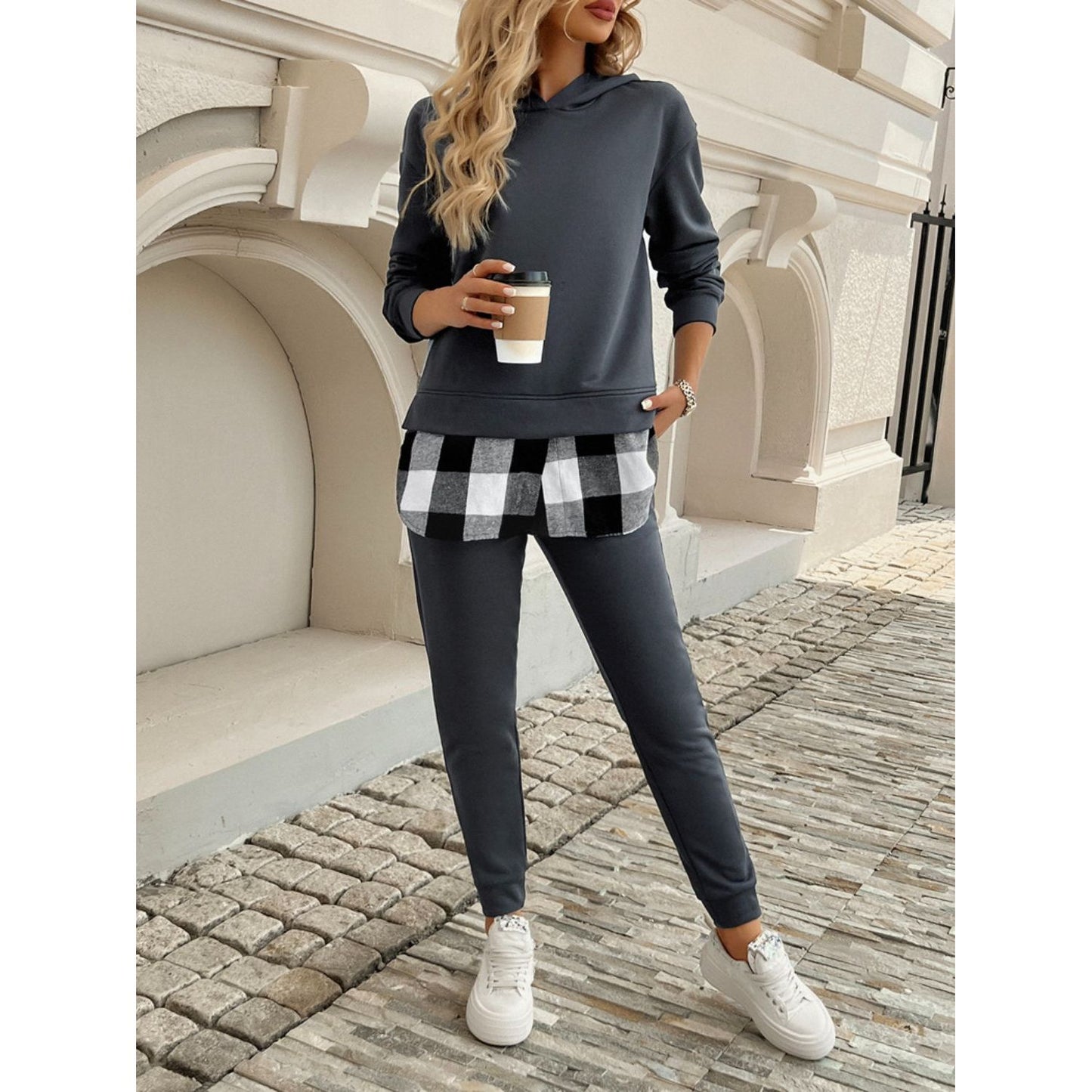 Devine Plaid Long Sleeve Hooded Top and Pants Set