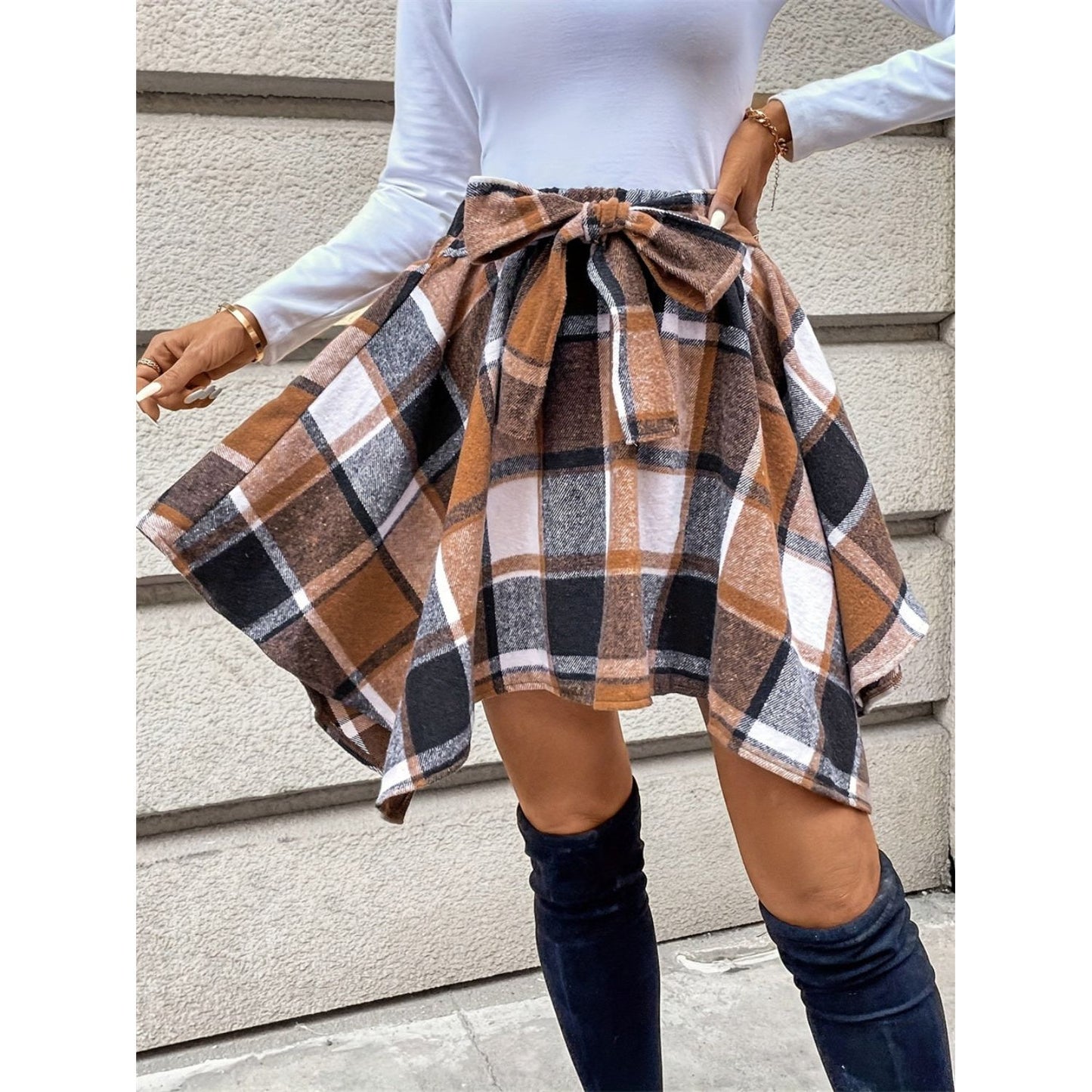 Tied Plaid Asymmetrical Hem Skirt