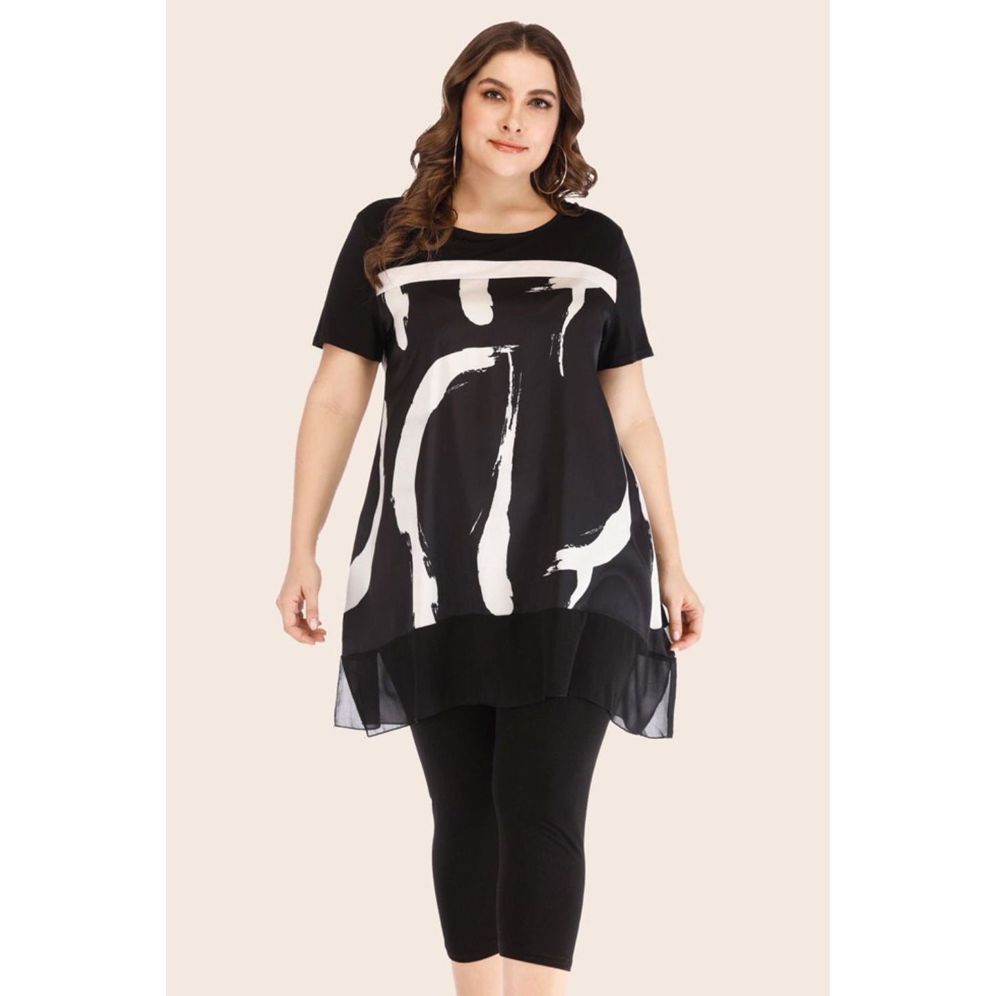 Plus Size Contrast Spliced Mesh T-Shirt and Cropped Leggings Set