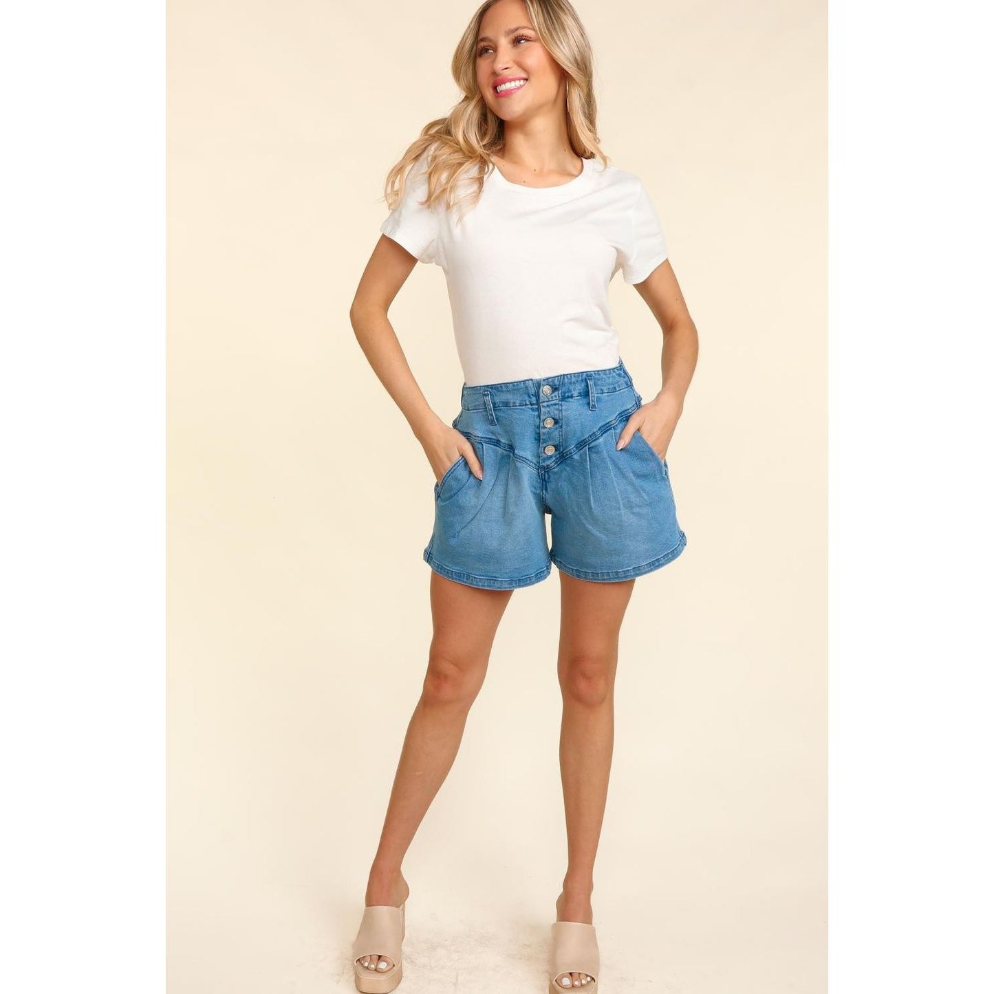 Haptics High Rise Button Fly Washed Denim Shorts