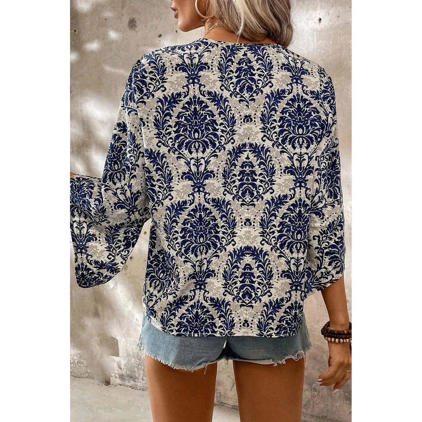 Printed V-Neck Three-Quarter Sleeve Blouse