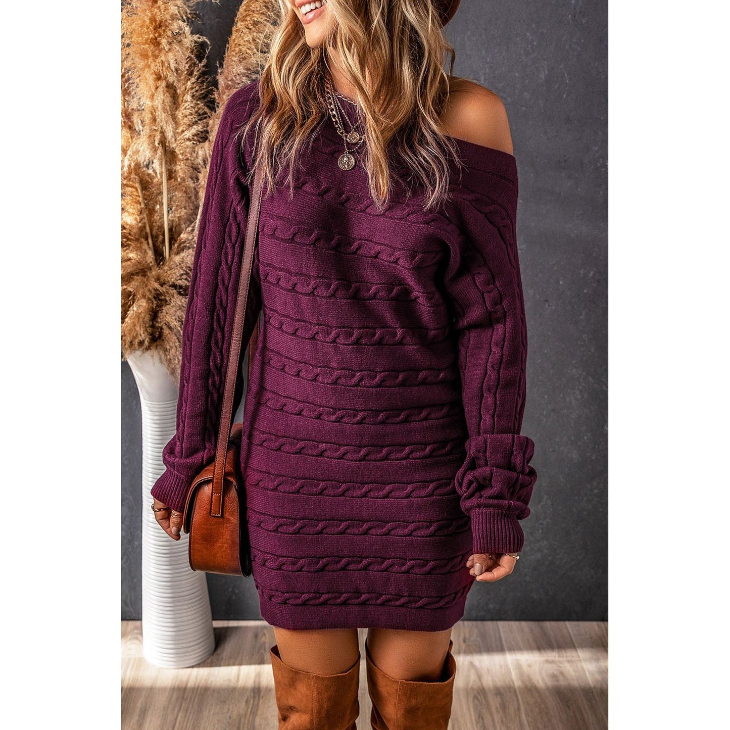 Cable-Knit Boat Neck Sweater Dress