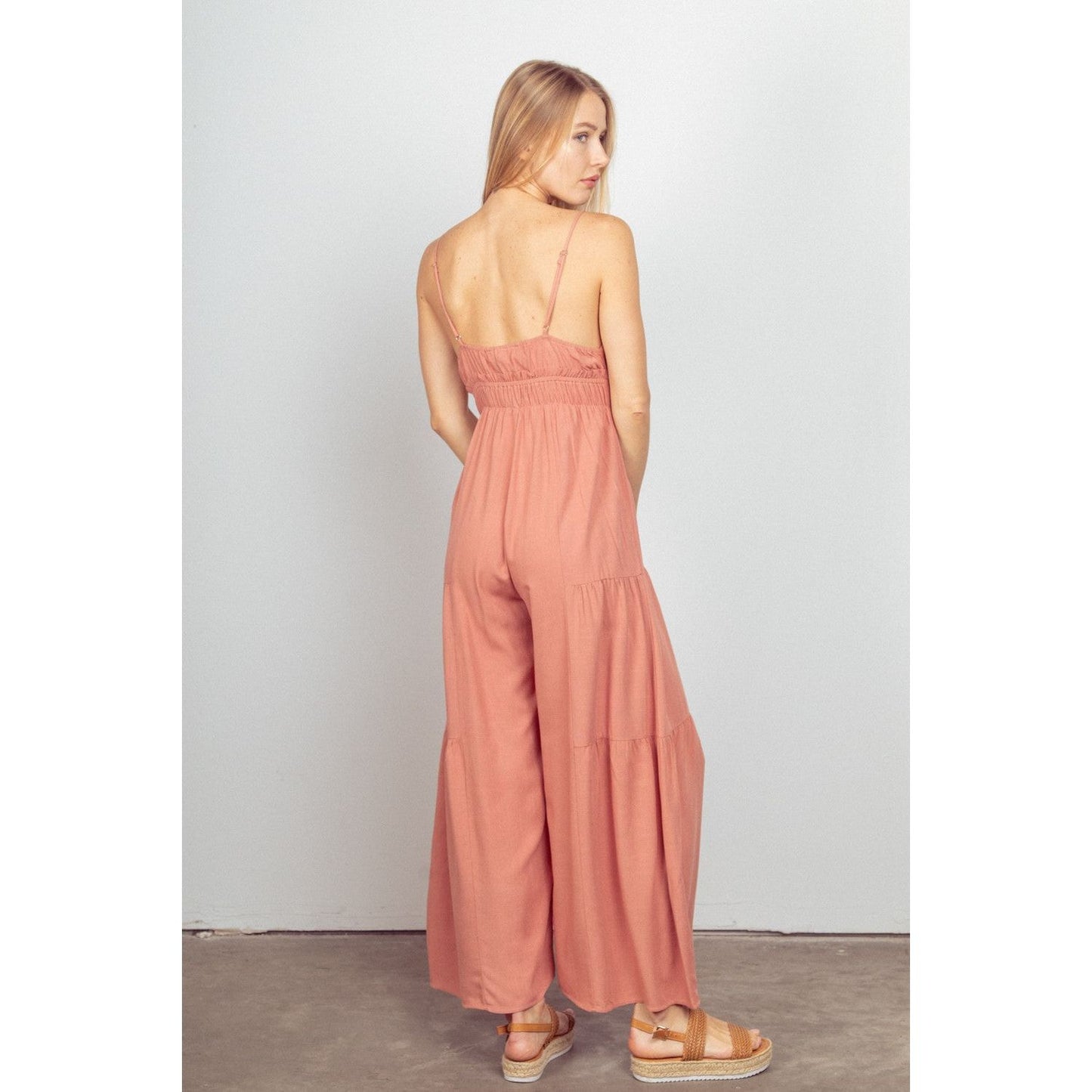 VERY J Sleeveless Ruched Wide Leg Jumpsuit