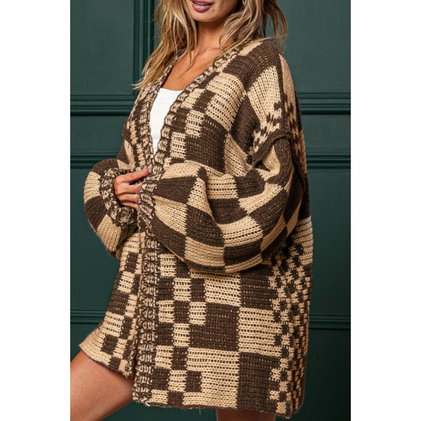 Checkered Open Front Long Sleeve Cardigan