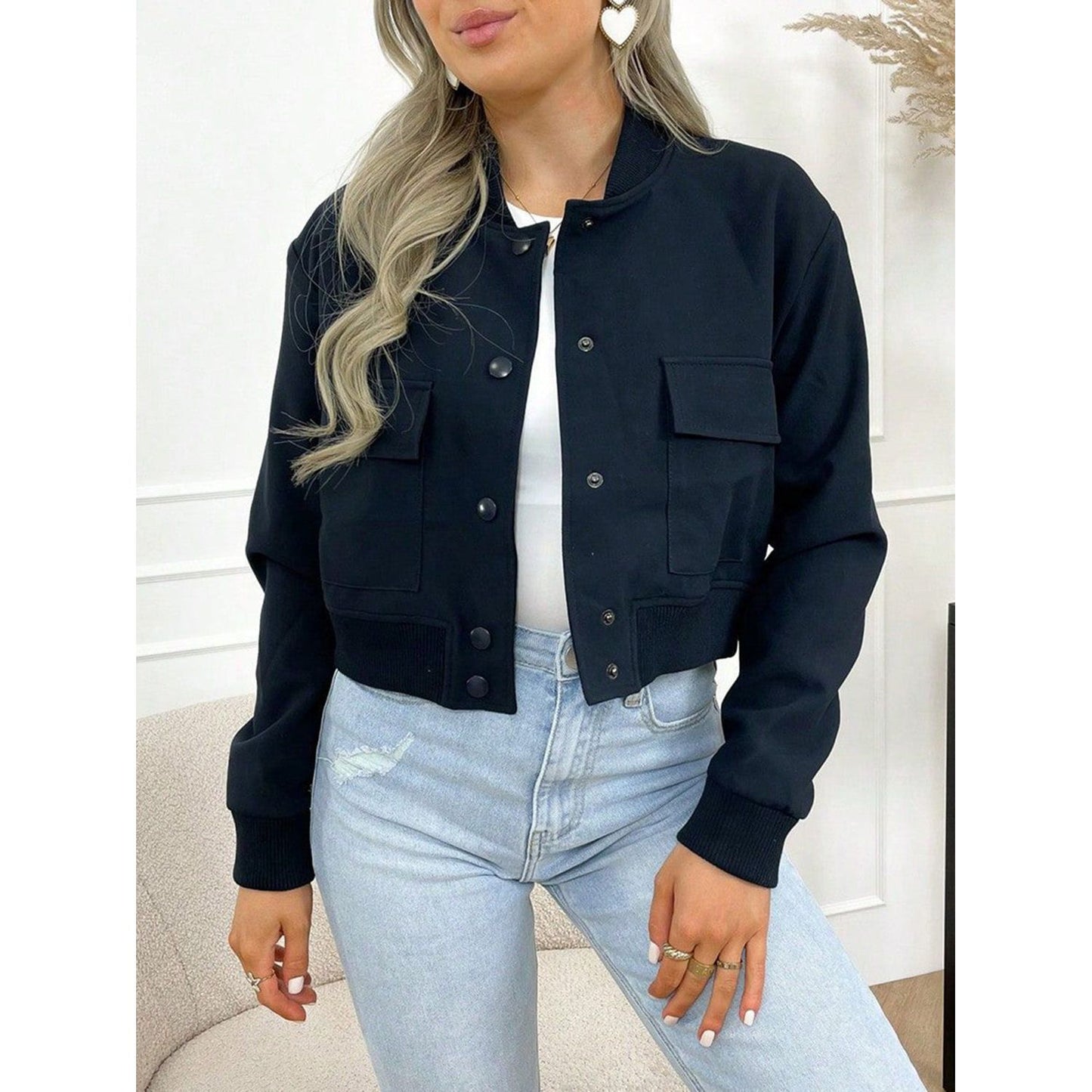 Pocketed Snap Down Baseball Collar Jacket