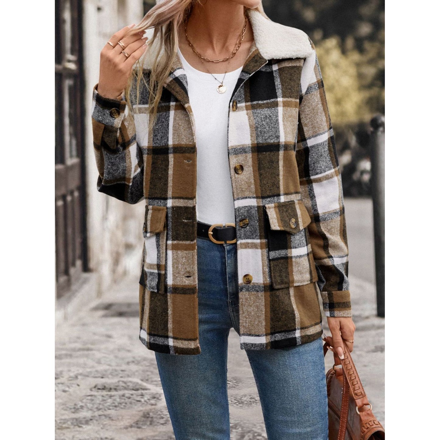 Perfee Pocketed Plaid Button Up Collared Neck Jacket