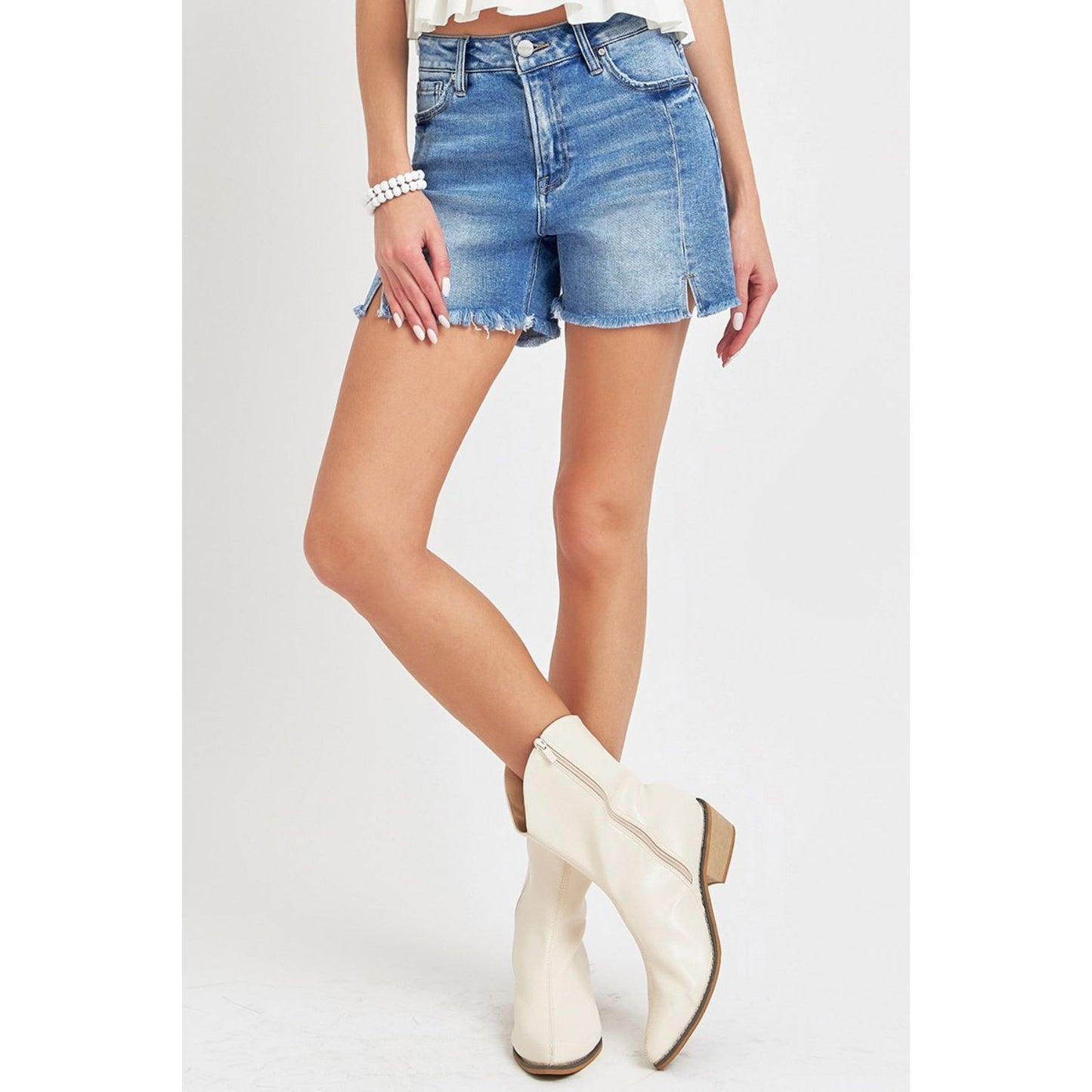 RISEN Front Slit Raw Hem Denim Shorts