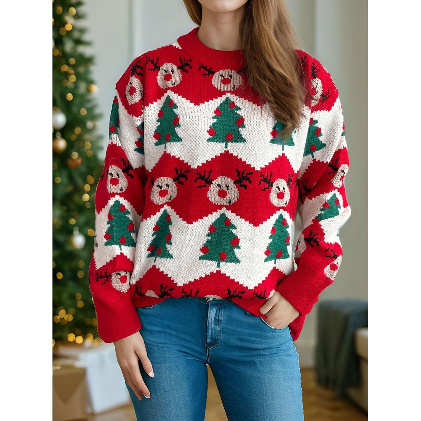 Christmas Element Round Neck Long Sleeve Sweater