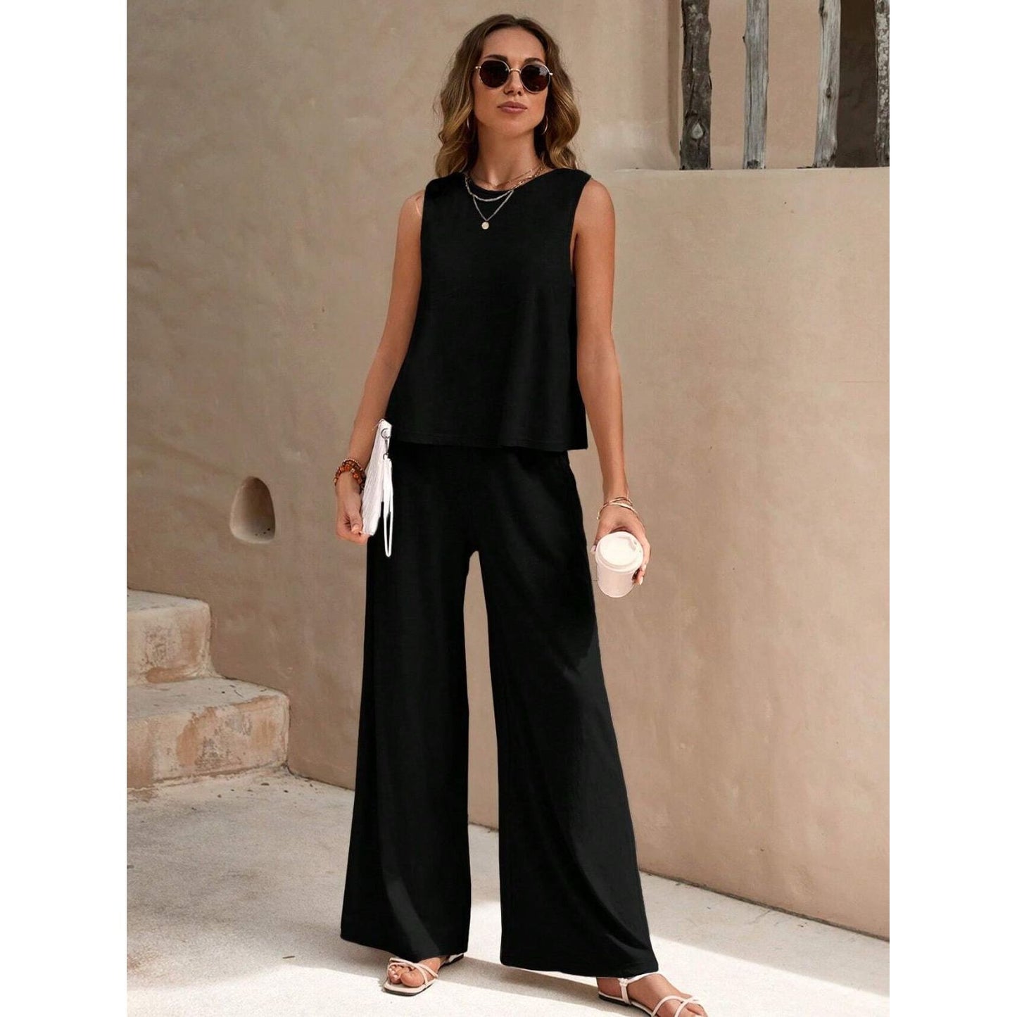 Round Neck Sleeveless Top and Wide Leg Pants Set