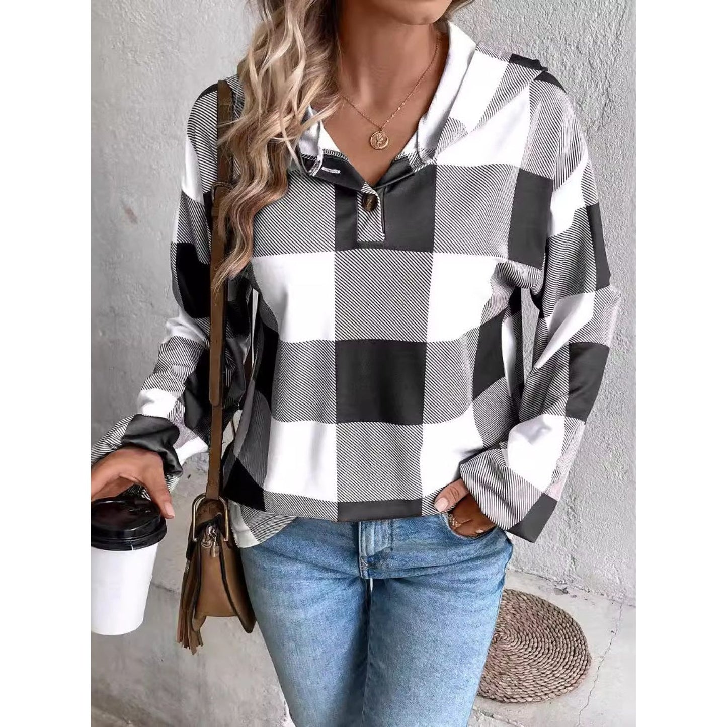 Plaid Dropped Shoulder Long Sleeve Hoodie