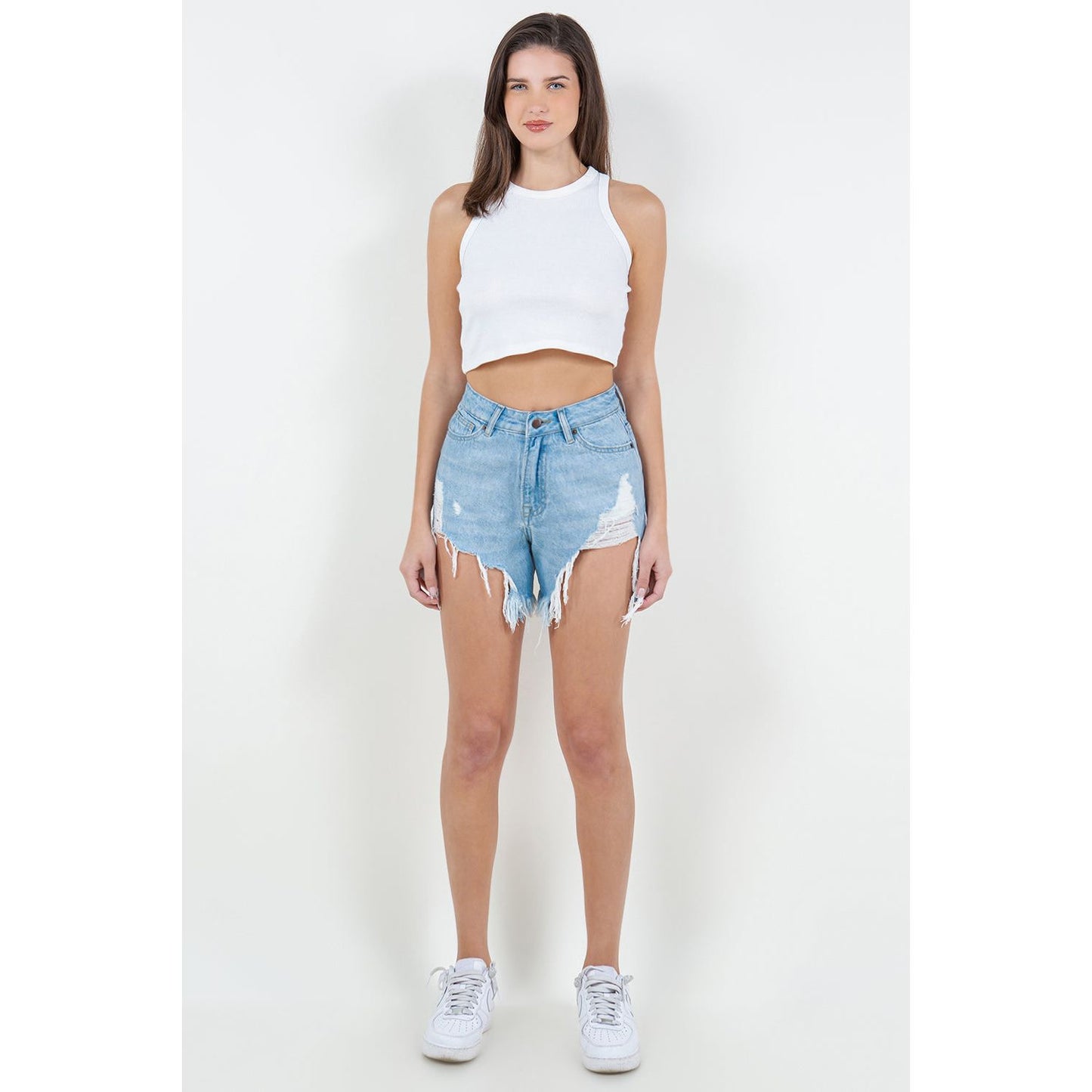 American Bazi High Waist Fringed Hem Denim Shorts