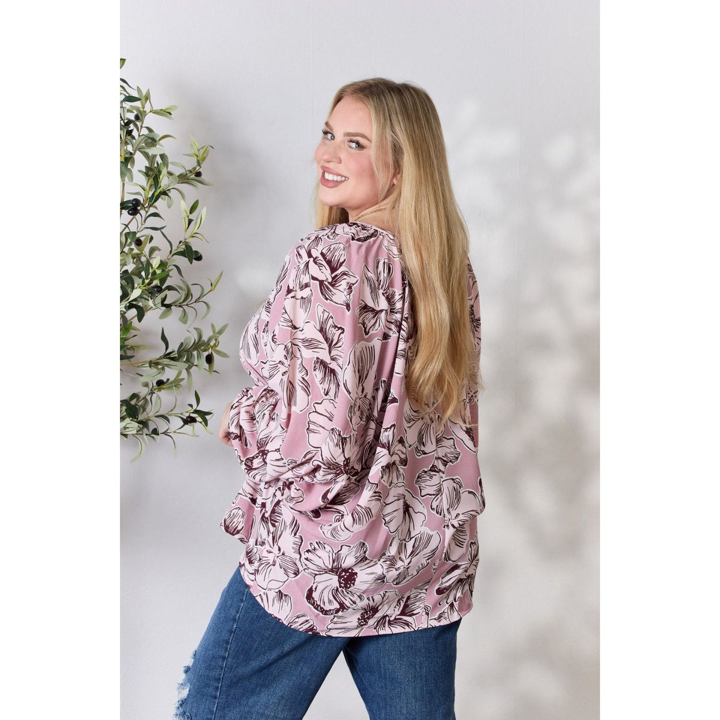 Heimish Full Size Floral V-Neck Balloon Sleeve Blouse