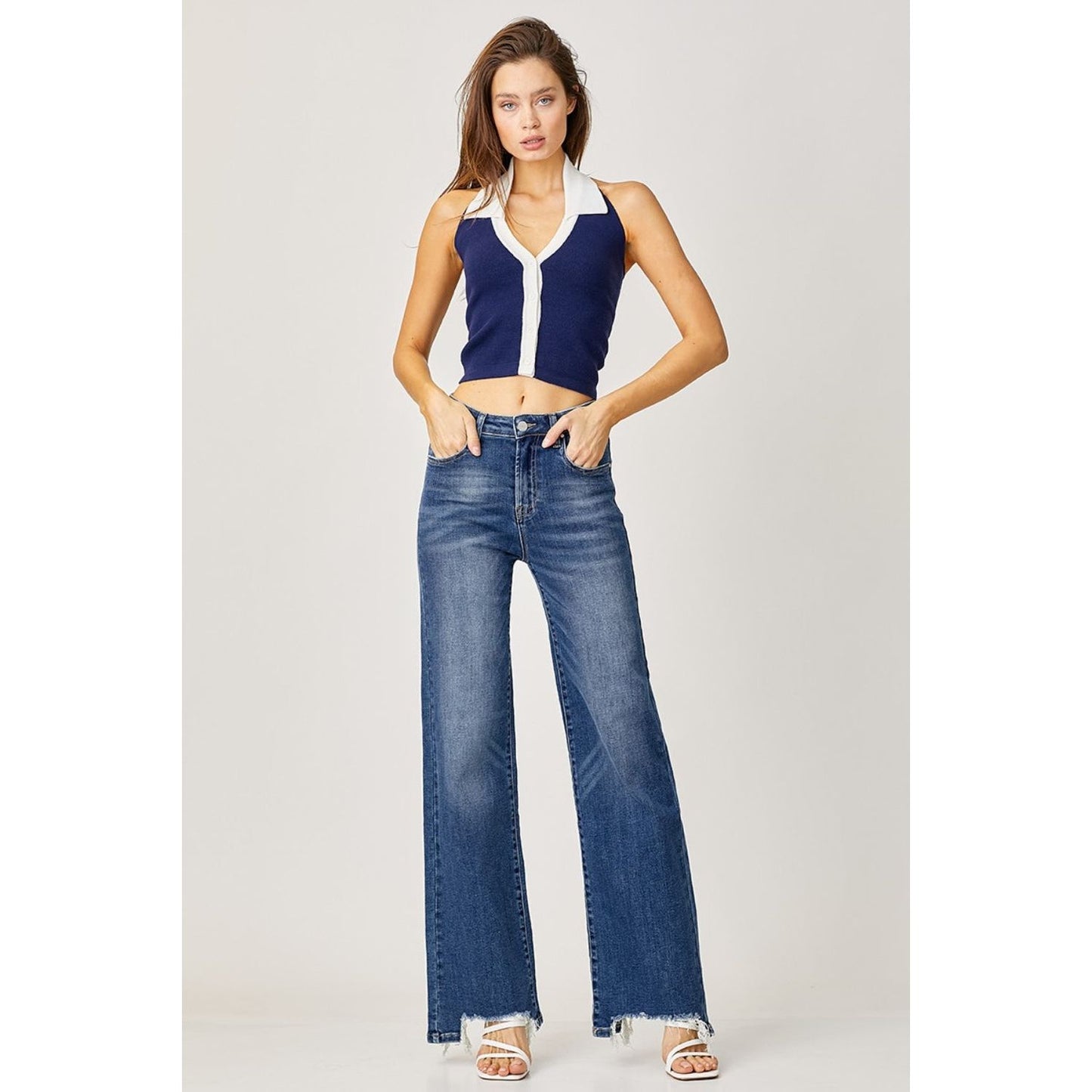 Risen Full Size High Rise Frayed Hem Wide Leg Jeans