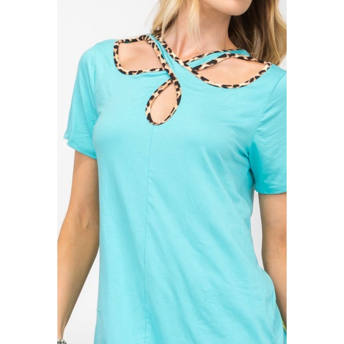 Celeste Full Size Crisscross Cutout Leopard Contrast Trim T-Shirt