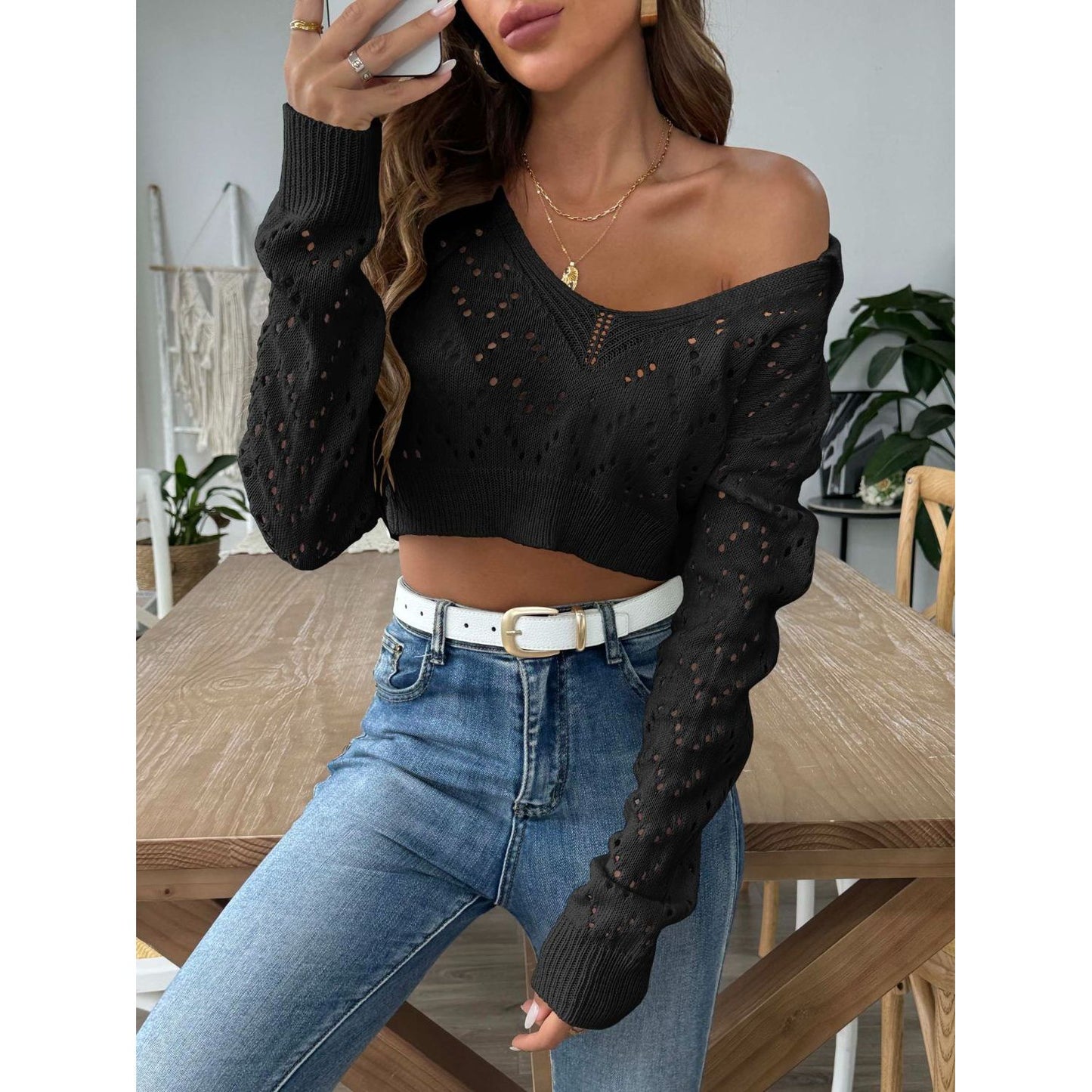 Openwork Collared Neck Long Sleeve Knit Top