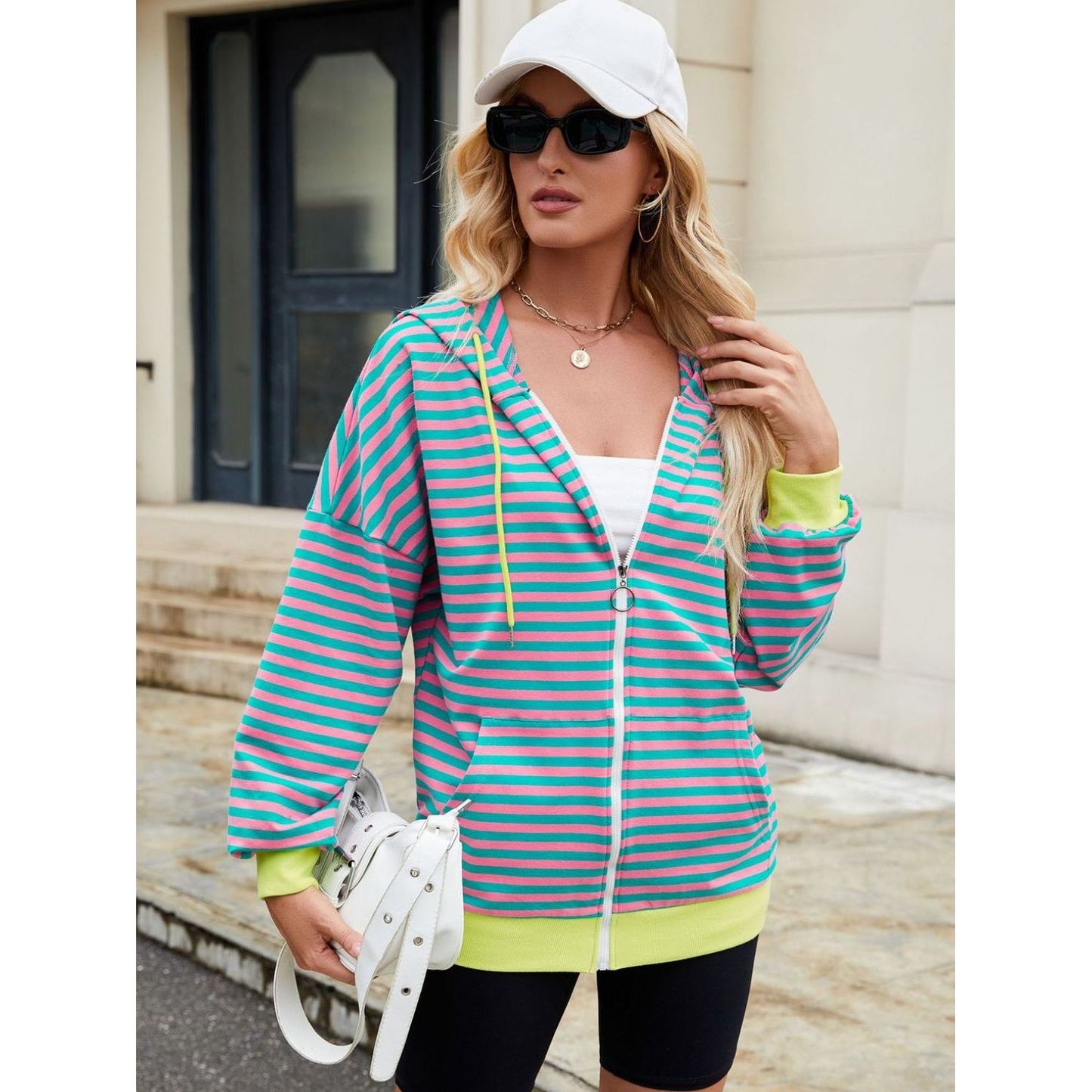 Drawstring Striped Zip Up Long Sleeve Hoodie