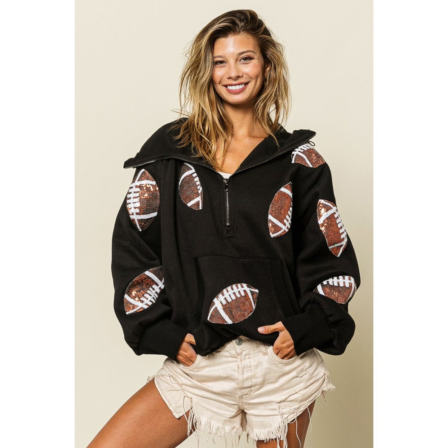 BiBi Sequin Football Half Zip Hoodie