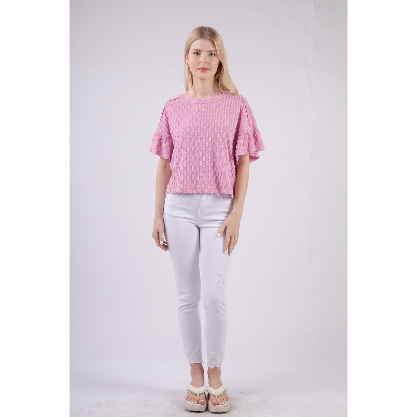 VERY J Full Size Texture Ruffle Short Sleeve Top