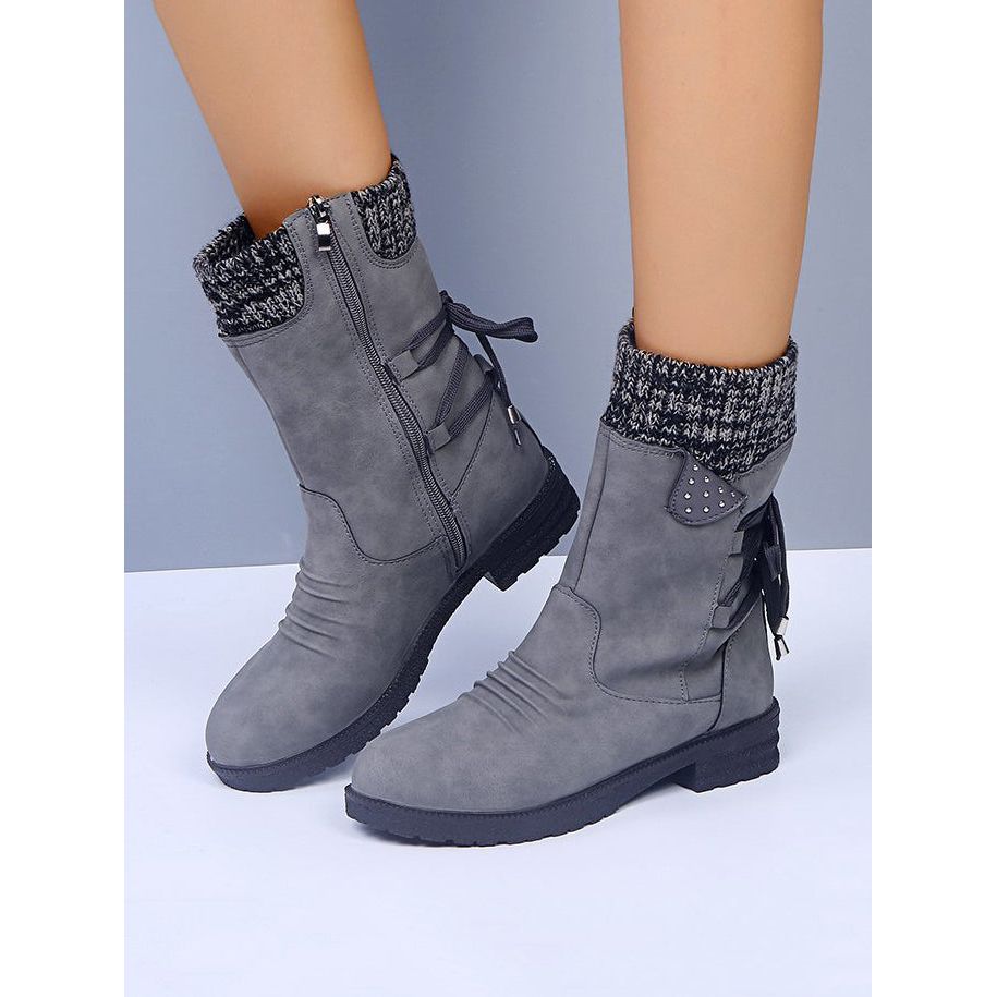 Lace-Up Low Heel Boots with Side Zip