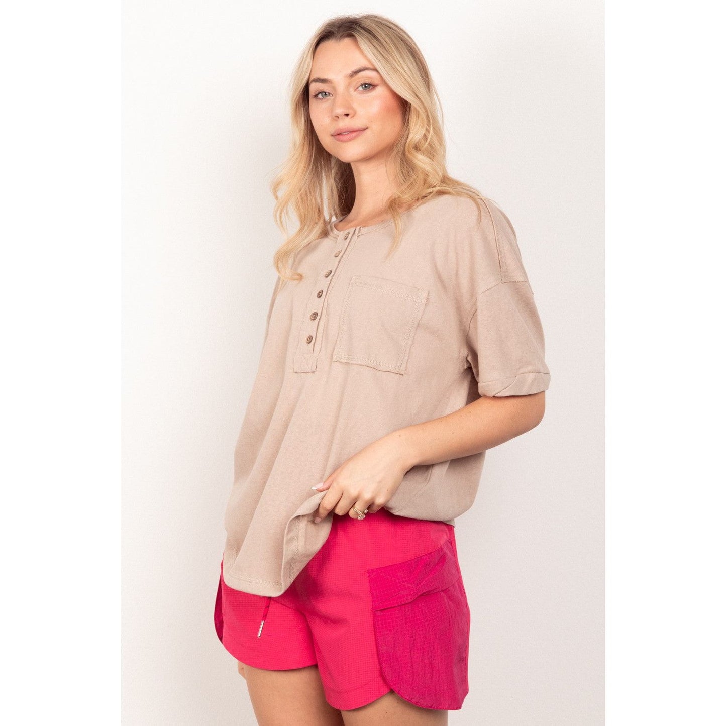 VERY J Twisted Sleeve Band Half Button Top