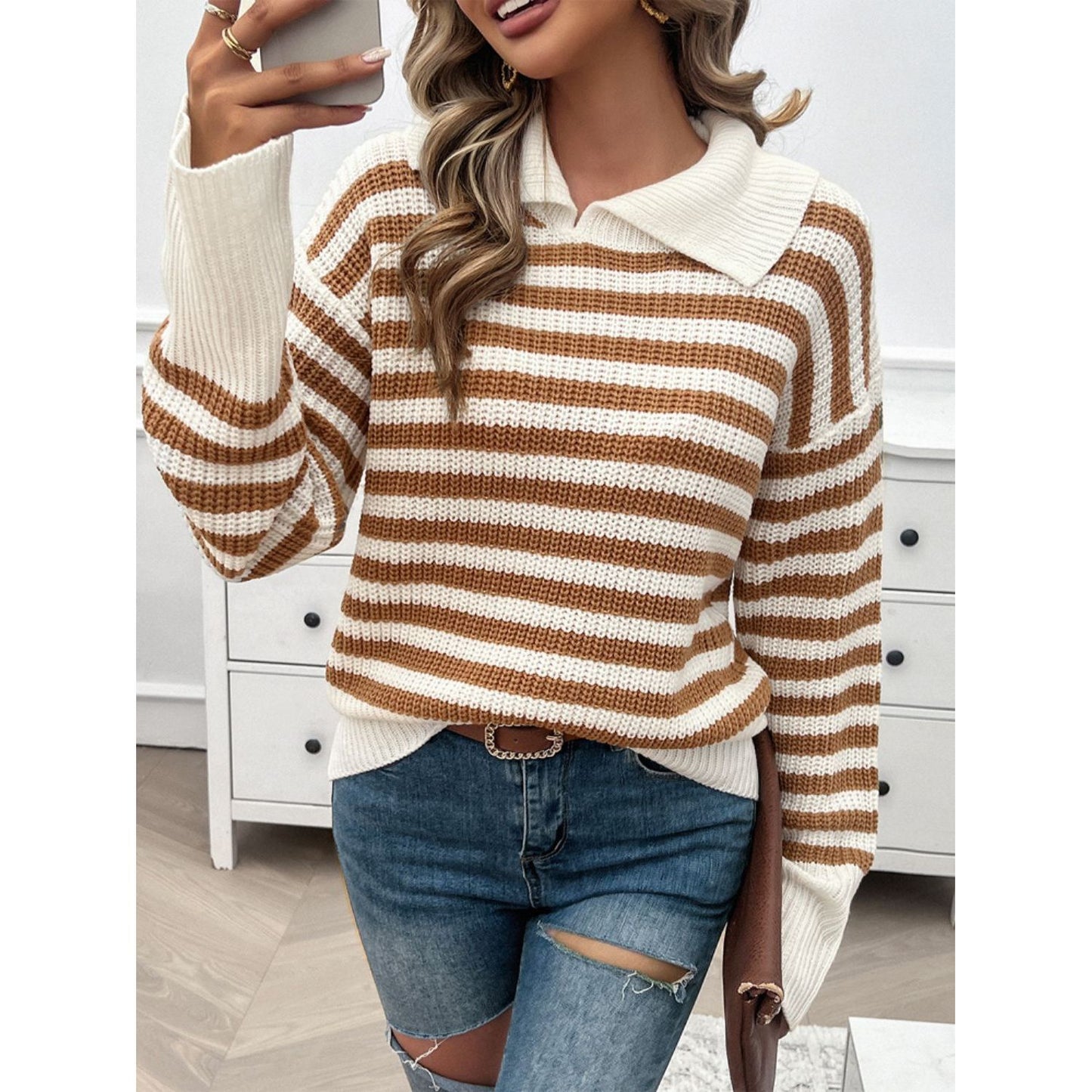 Devine Striped Collared Neck Long Sleeve Sweater